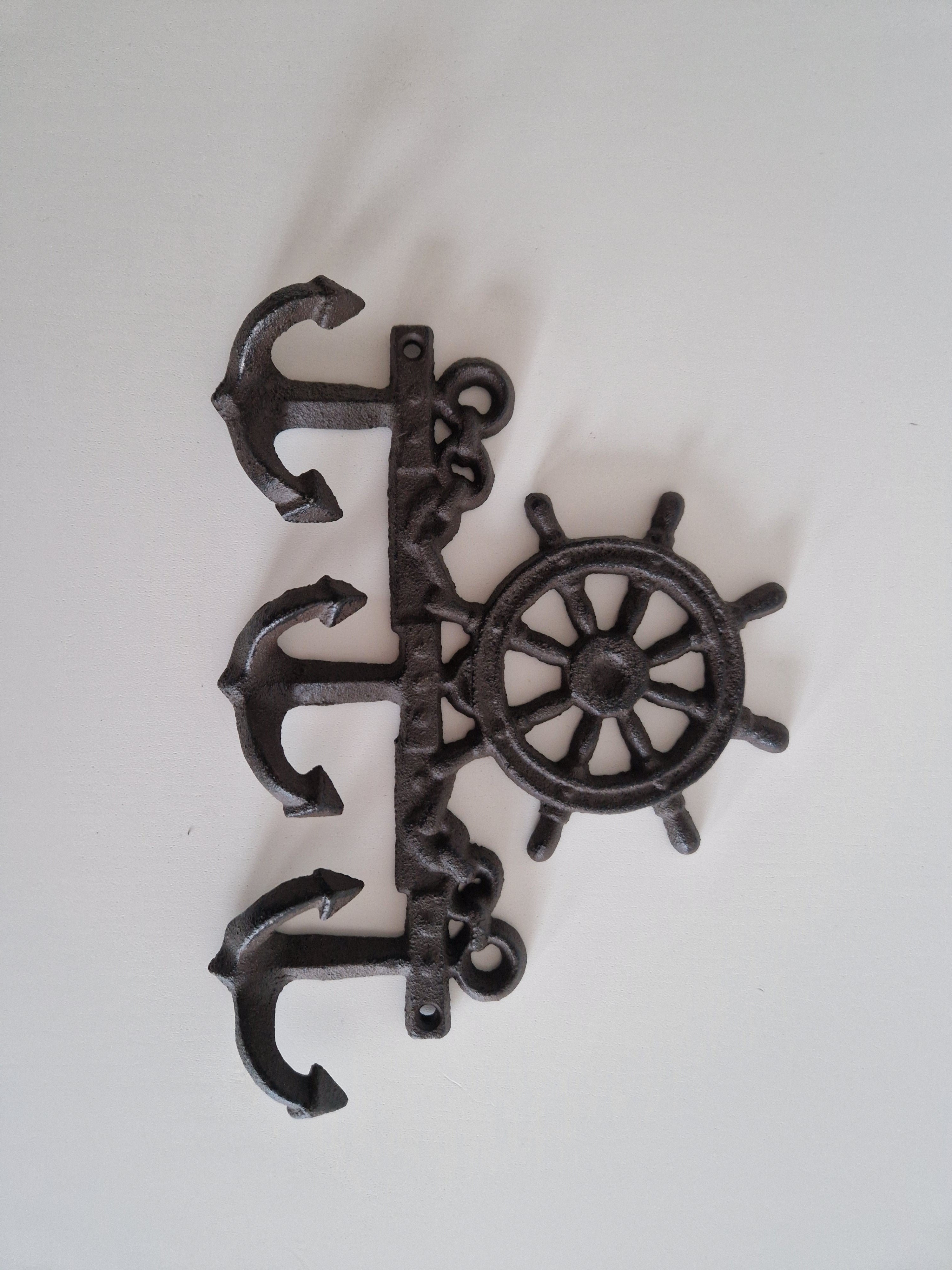 Vintage Cast Iron Nautical Wall Hook Rack | Ship's Wheel Crown & 3 Anchor Hooks | Dark Antiqued Iron Finish