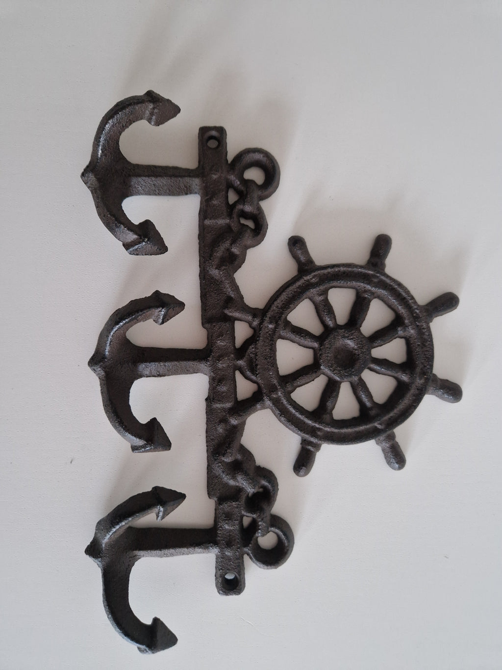 Vintage Cast Iron Nautical Wall Hook Rack | Ship's Wheel Crown & 3 Anchor Hooks | Dark Antiqued Iron Finish