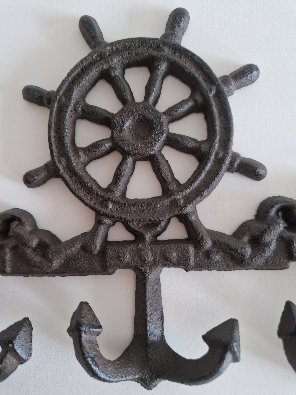 Vintage Cast Iron Nautical Wall Hook Rack | Ship's Wheel Crown & 3 Anchor Hooks | Dark Antiqued Iron Finish