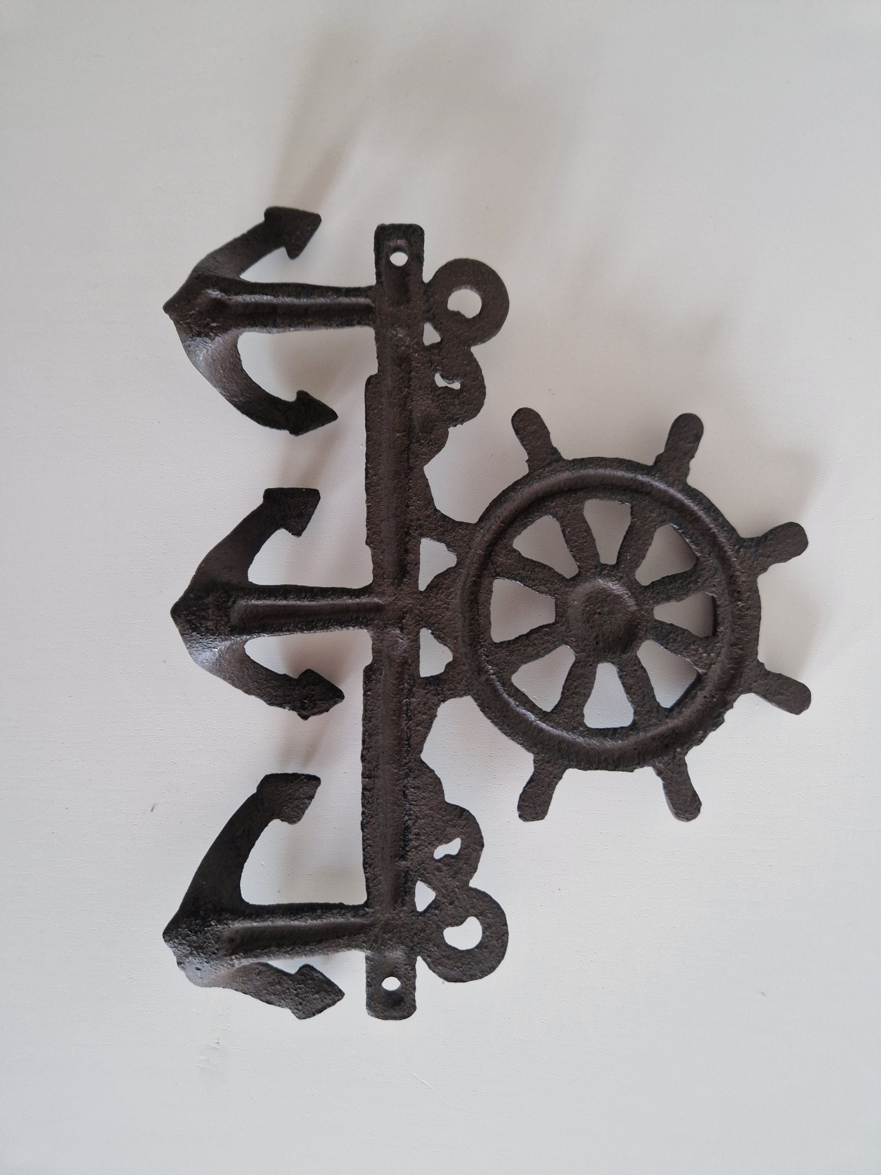 Vintage Cast Iron Nautical Wall Hook Rack | Ship's Wheel Crown & 3 Anchor Hooks | Dark Antiqued Iron Finish