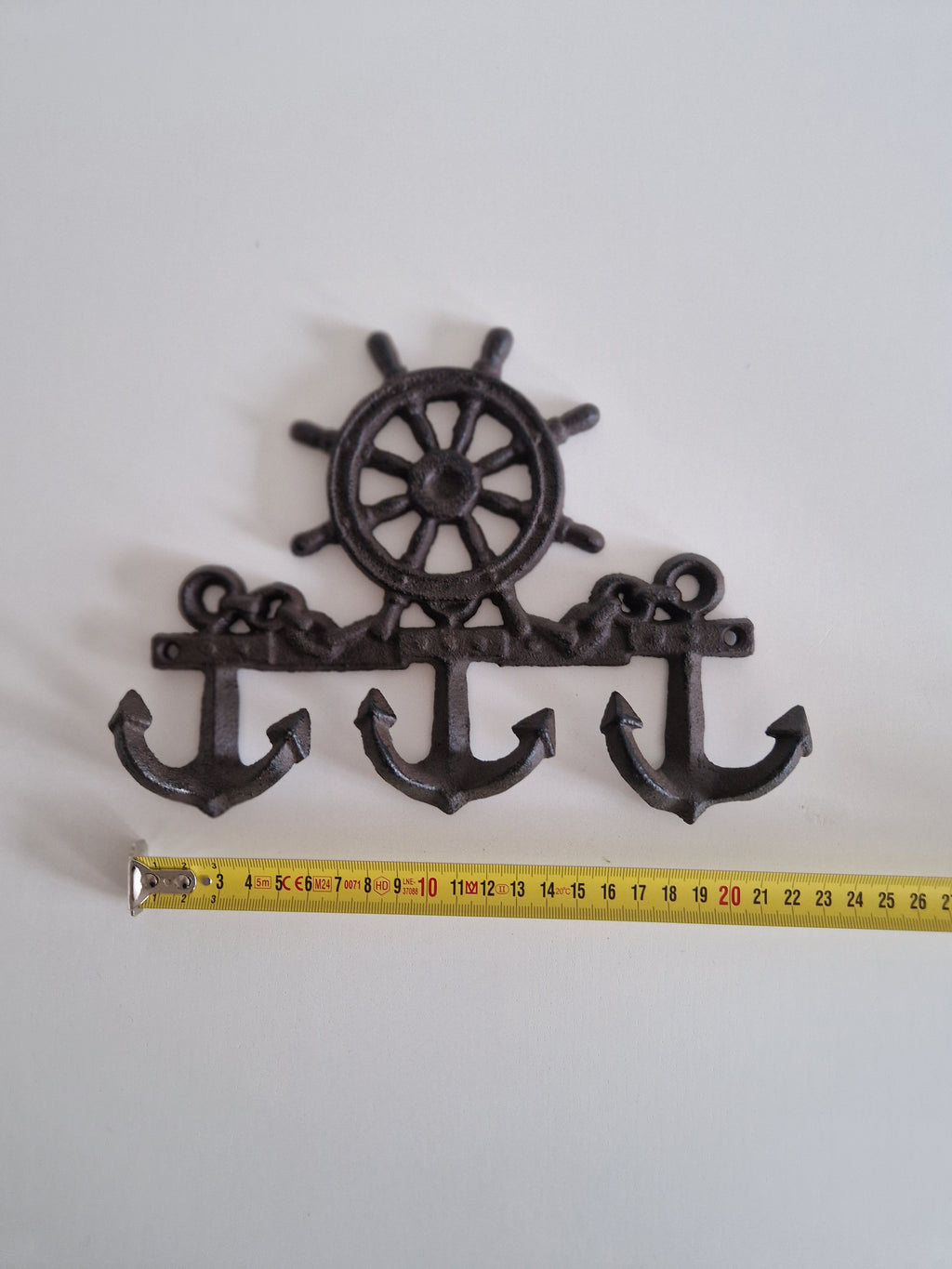 Vintage Cast Iron Nautical Wall Hook Rack | Ship's Wheel Crown & 3 Anchor Hooks | Dark Antiqued Iron Finish