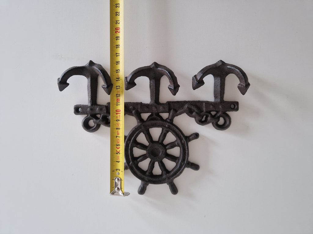Vintage Cast Iron Nautical Wall Hook Rack | Ship's Wheel Crown & 3 Anchor Hooks | Dark Antiqued Iron Finish