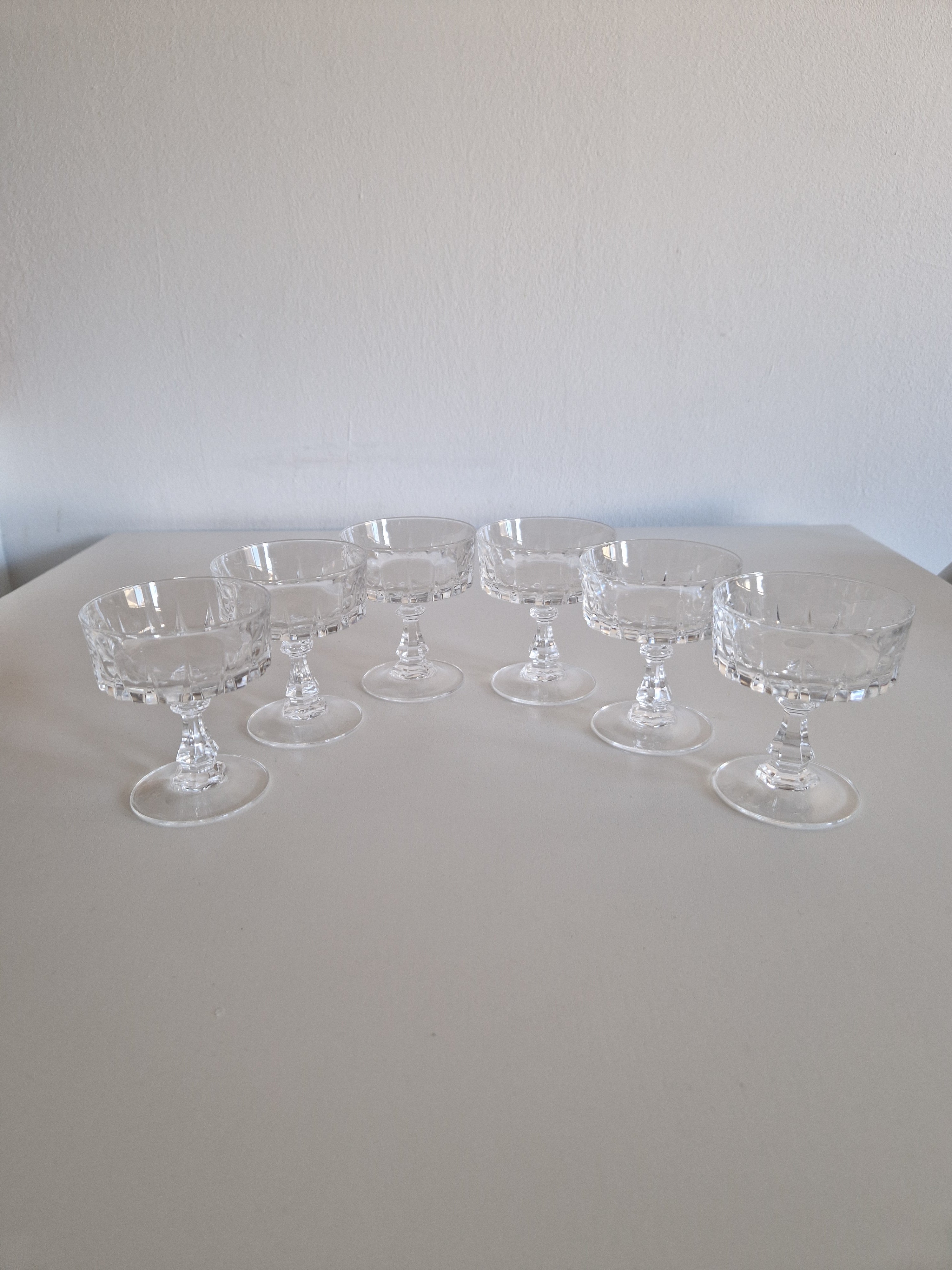 Vintage French Crystal Liqueur Coupes | Set of 6 | Block Facet Pressed Crystal | Mid-Late 20th Century