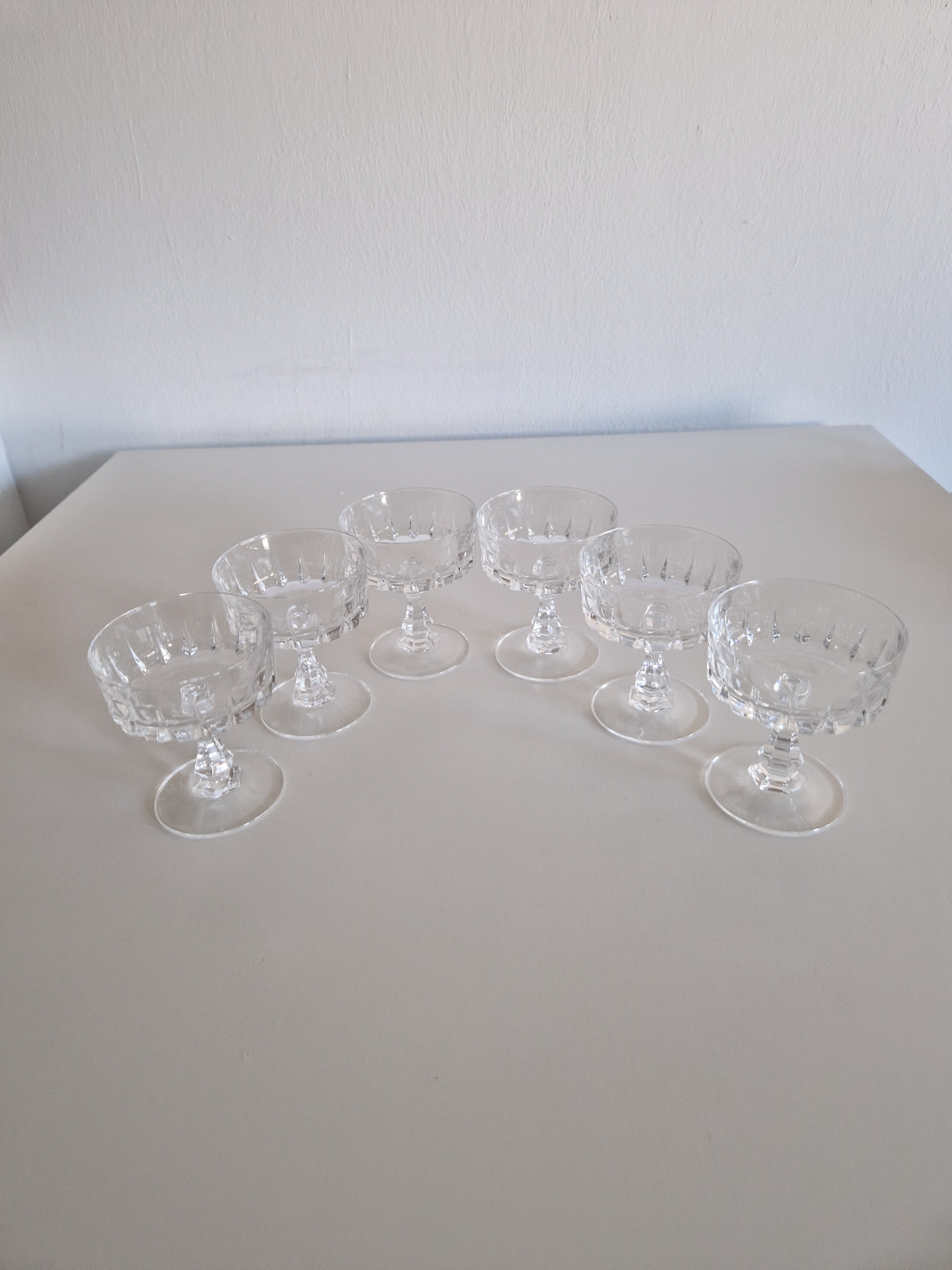 Vintage French Crystal Liqueur Coupes | Set of 6 | Block Facet Pressed Crystal | Mid-Late 20th Century