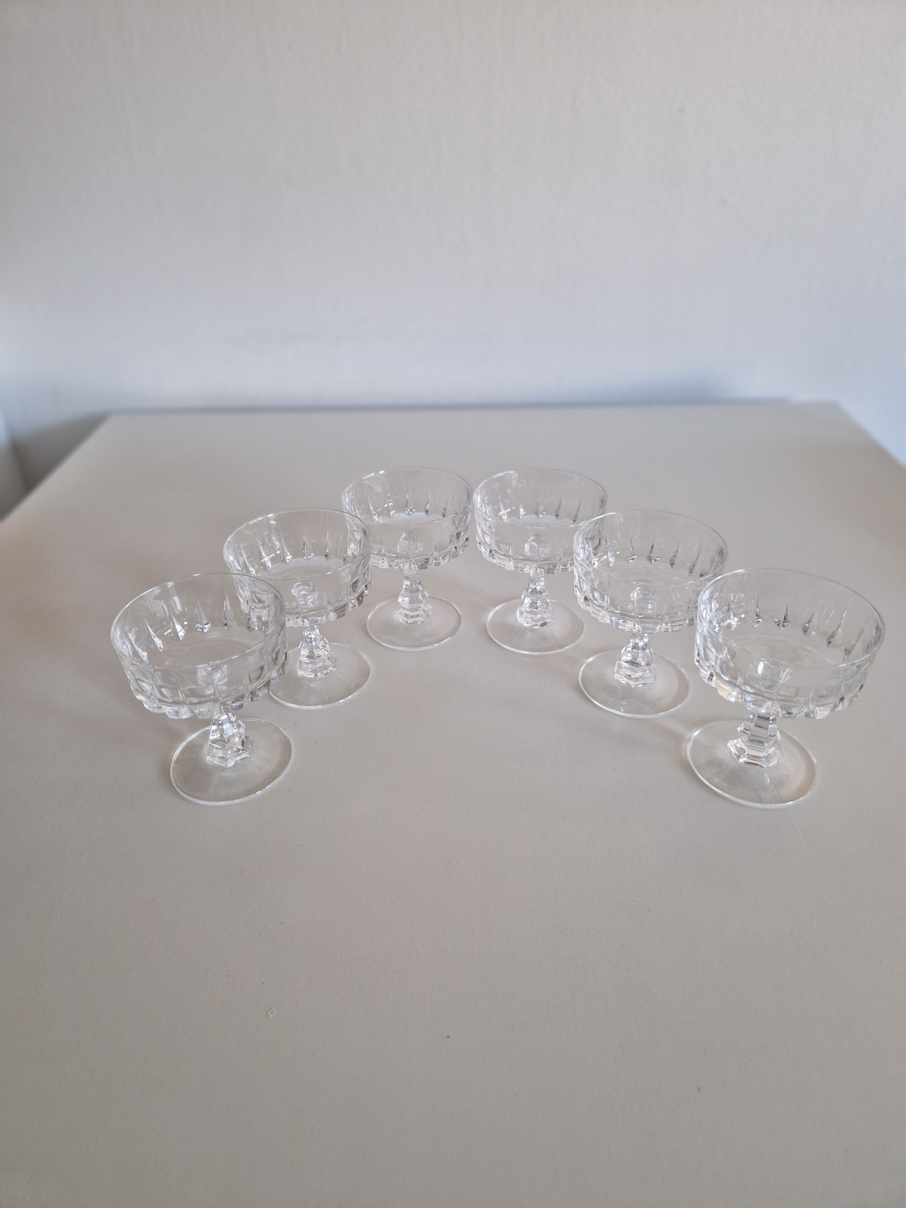 Vintage French Crystal Liqueur Coupes | Set of 6 | Block Facet Pressed Crystal | Mid-Late 20th Century