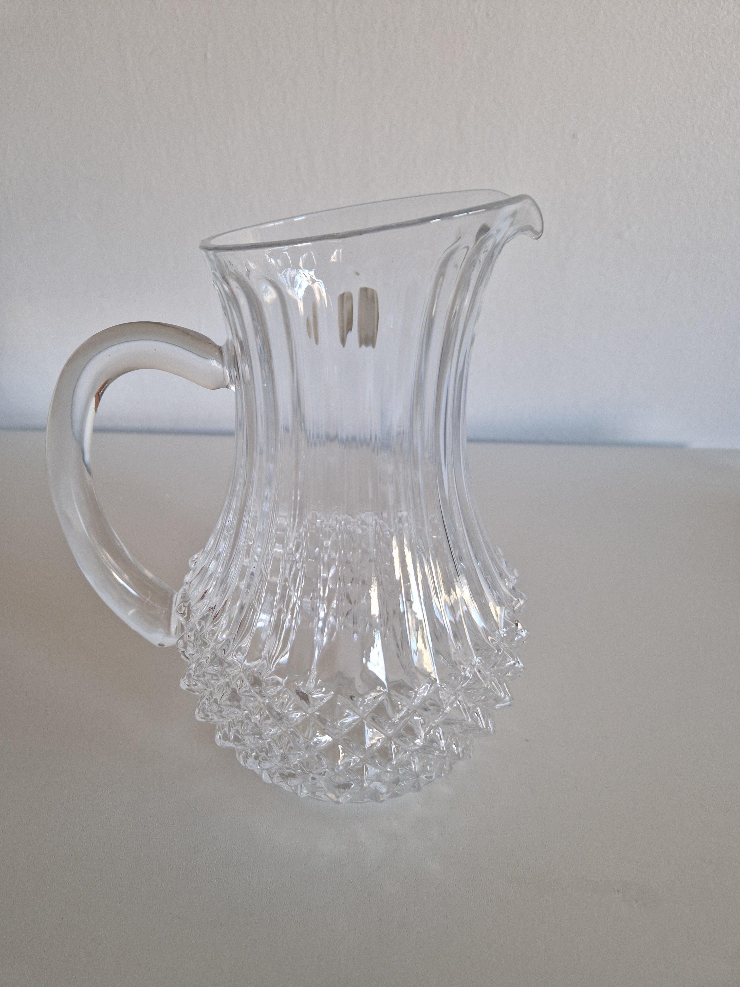 Vintage Cristal d'Arques Crystal Pitcher | Diamond Hobnail & Flute Cut | French Crystal Jug, c. Mid-Late 20th Century