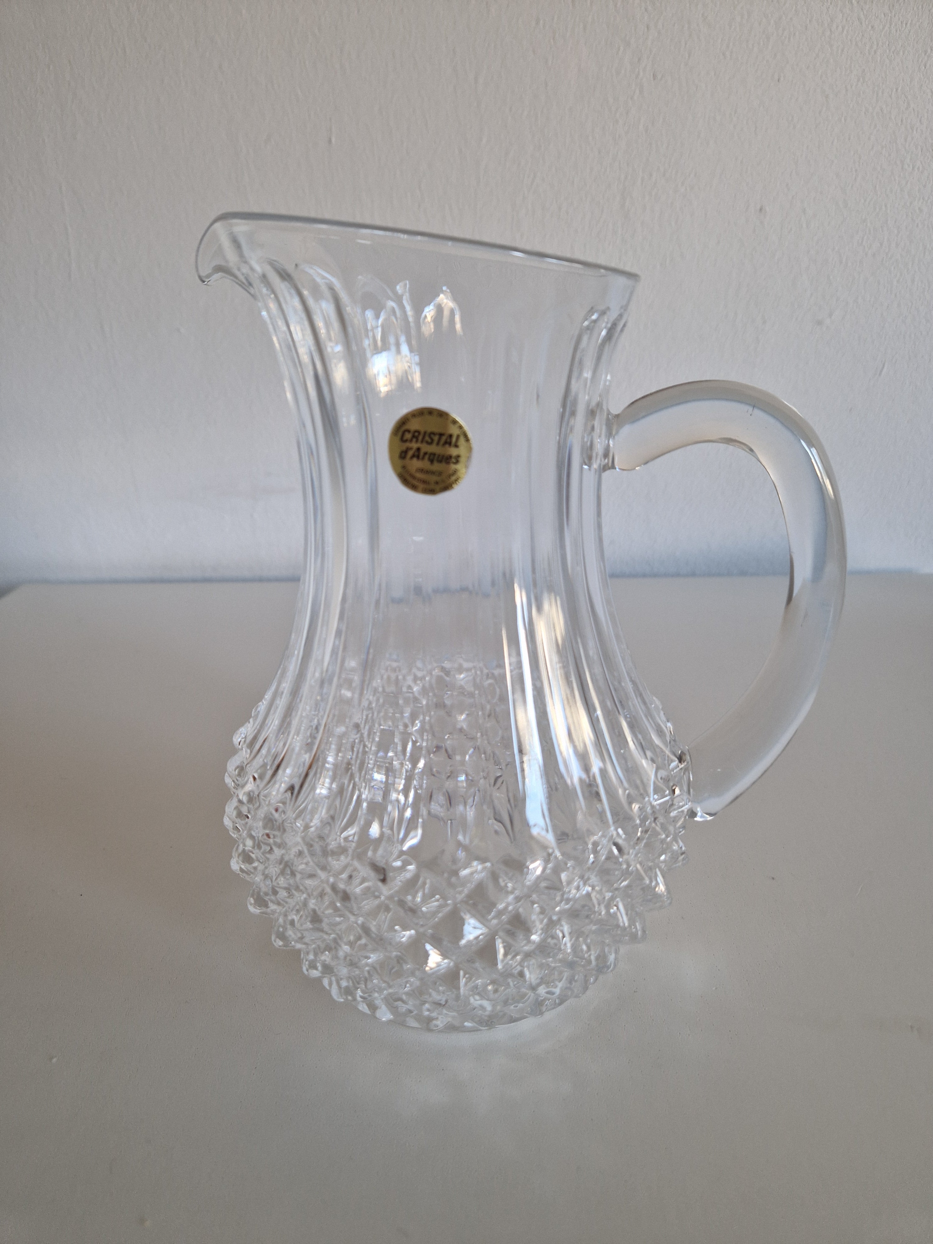 Vintage Cristal d'Arques Crystal Pitcher | Diamond Hobnail & Flute Cut | French Crystal Jug, c. Mid-Late 20th Century