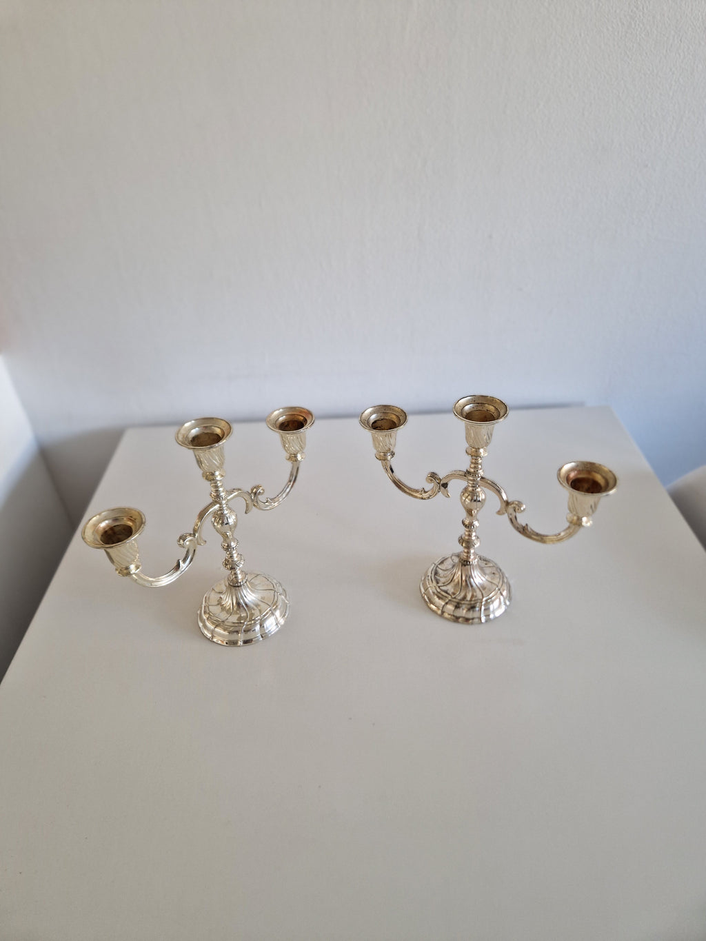 Matched Pair of Vintage Silver-Plated 3-Arm Candelabra – Baroque Style