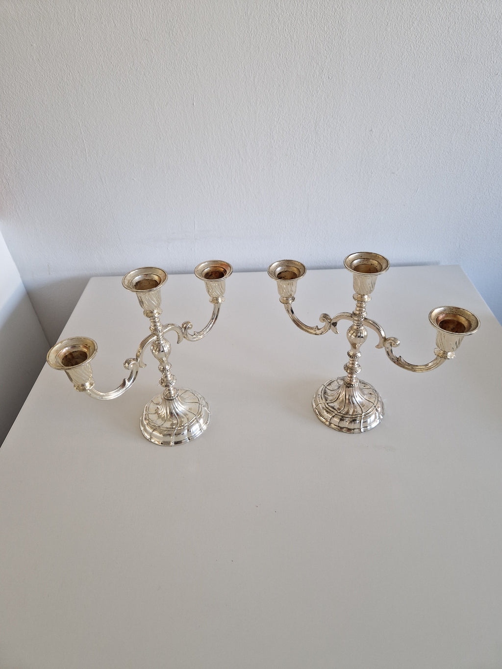 Matched Pair of Vintage Silver-Plated 3-Arm Candelabra – Baroque Style