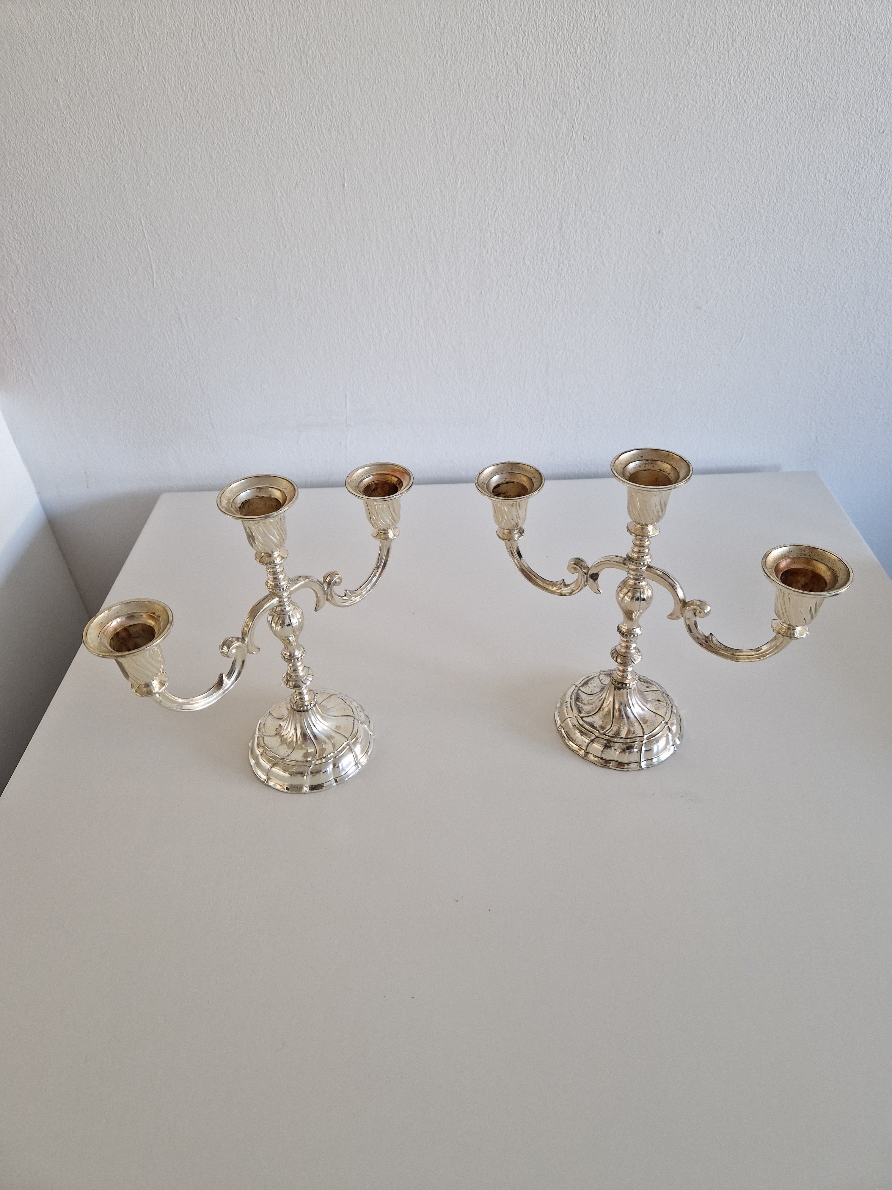 Matched Pair of Vintage Silver-Plated 3-Arm Candelabra – Baroque Style