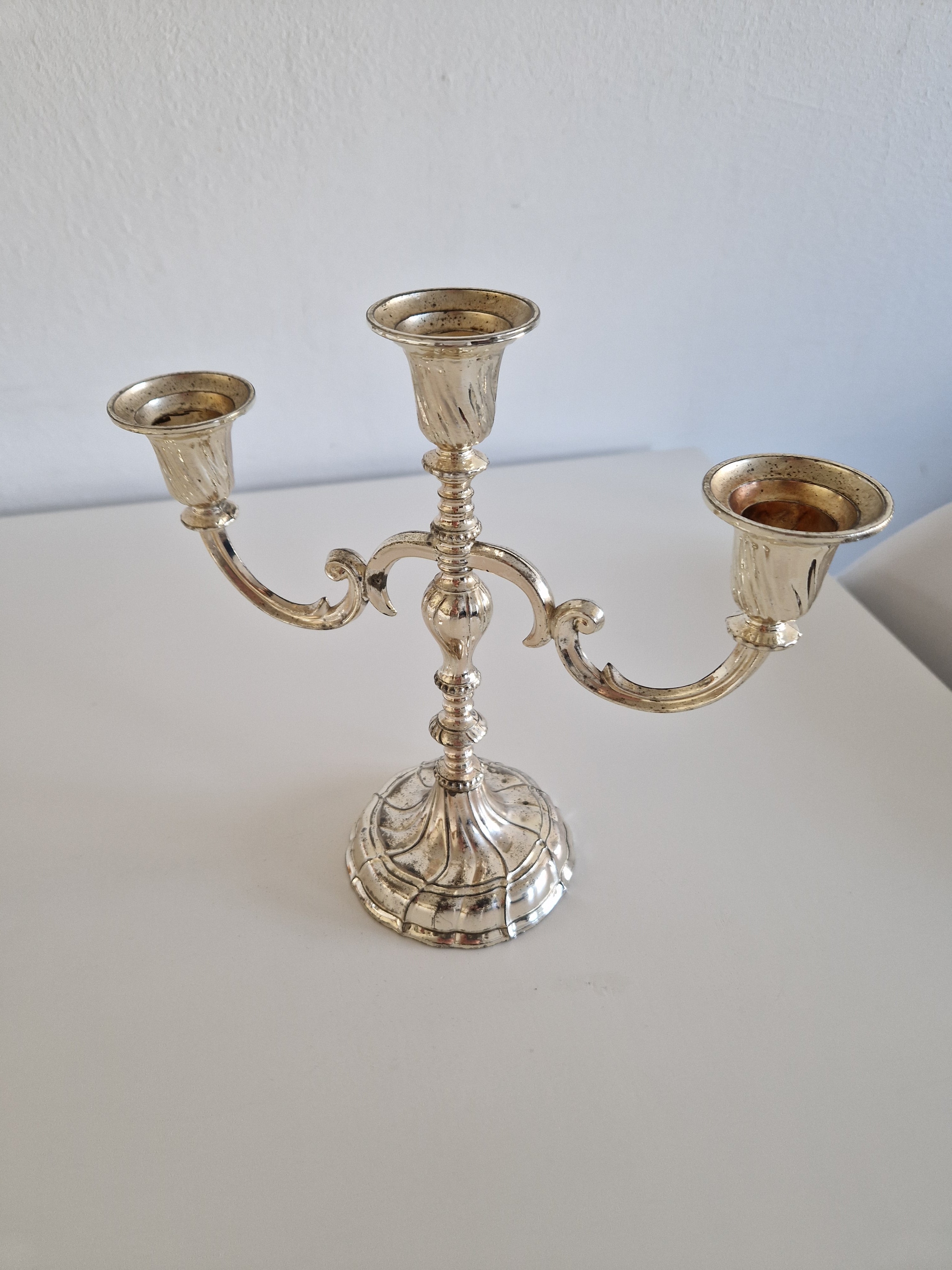 Matched Pair of Vintage Silver-Plated 3-Arm Candelabra – Baroque Style