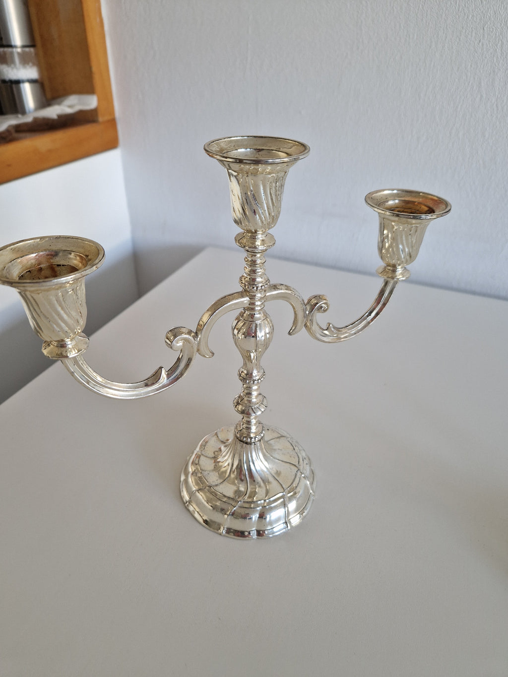 Matched Pair of Vintage Silver-Plated 3-Arm Candelabra – Baroque Style