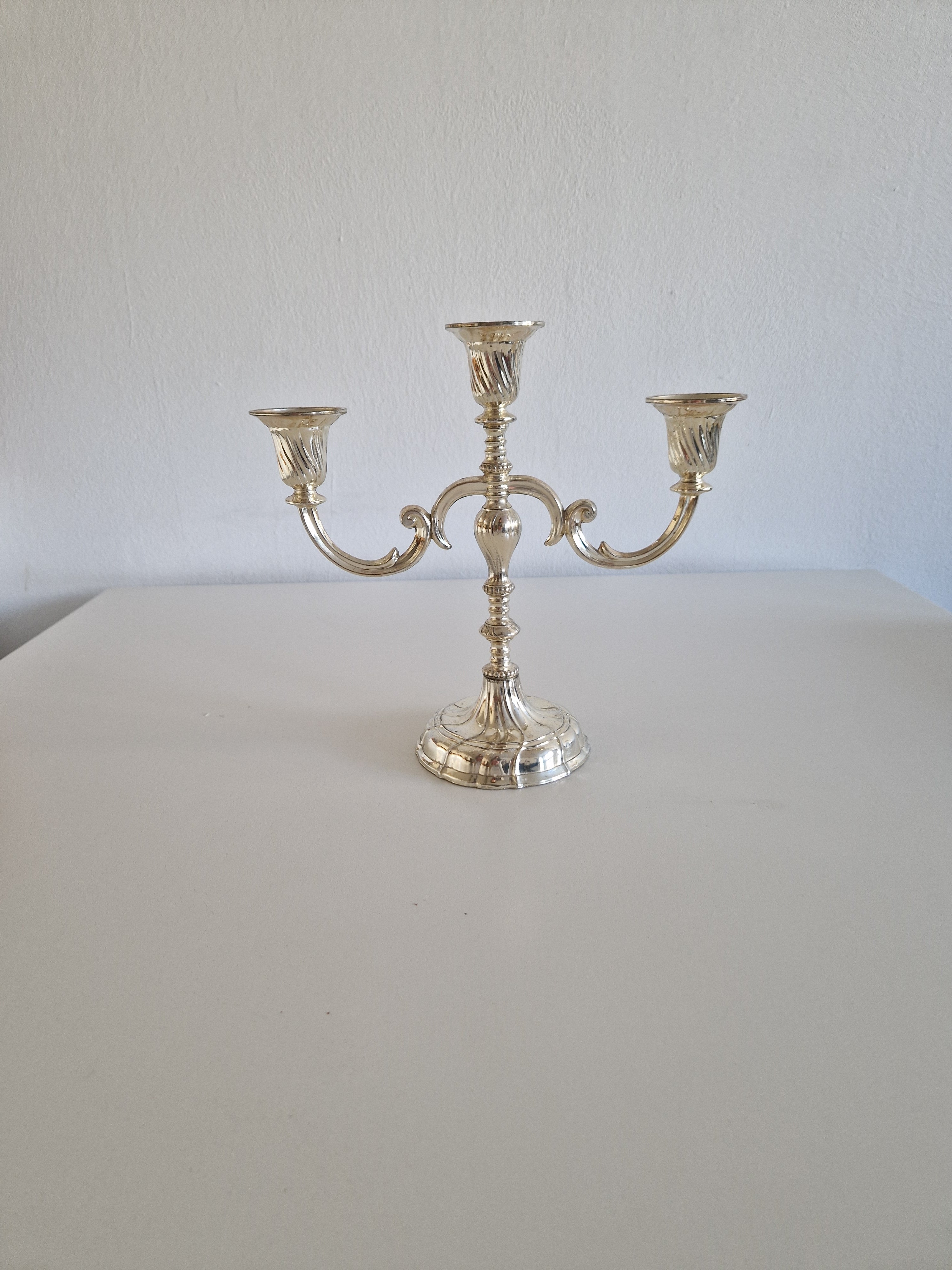 Matched Pair of Vintage Silver-Plated 3-Arm Candelabra – Baroque Style
