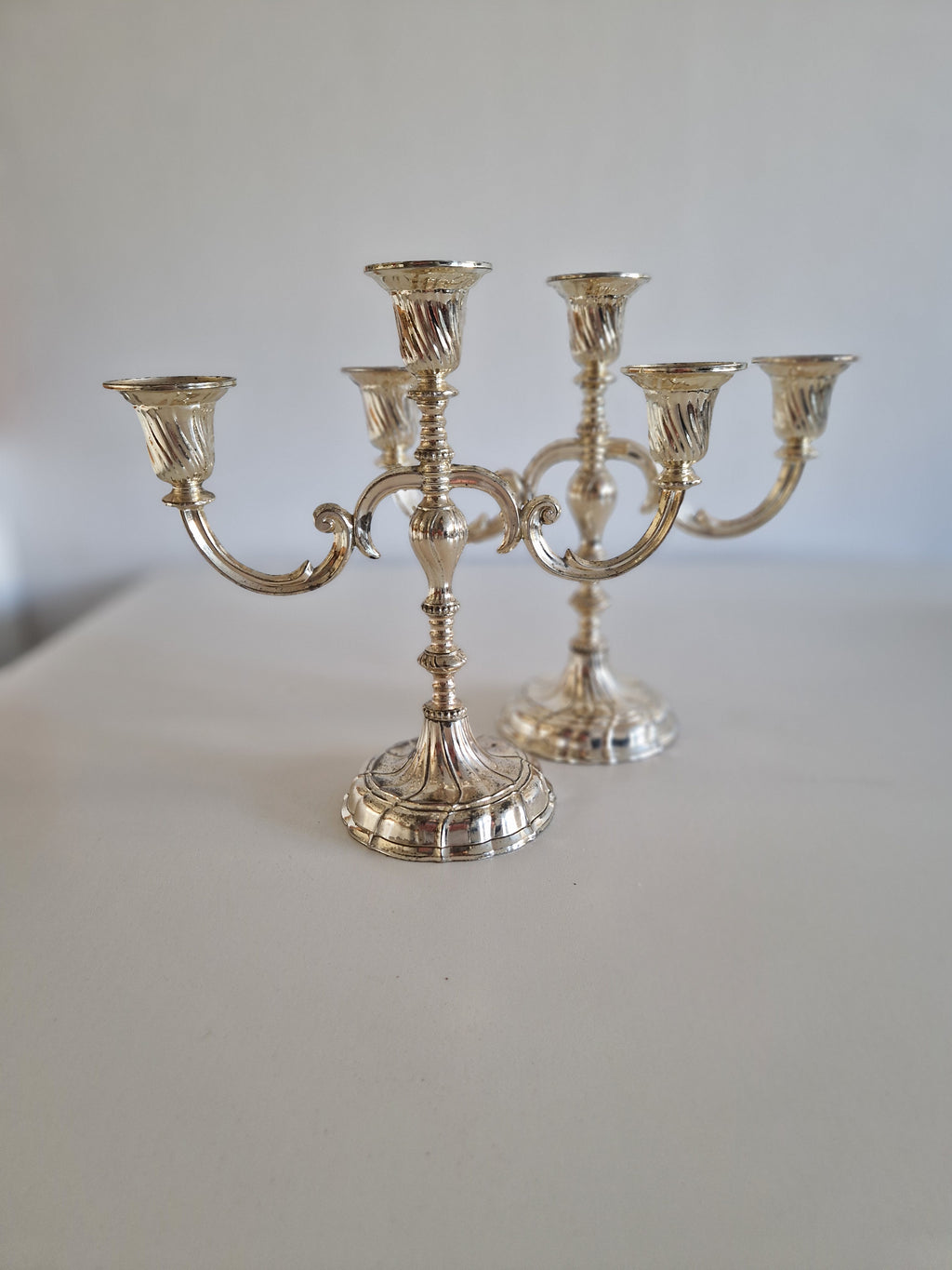 Matched Pair of Vintage Silver-Plated 3-Arm Candelabra – Baroque Style