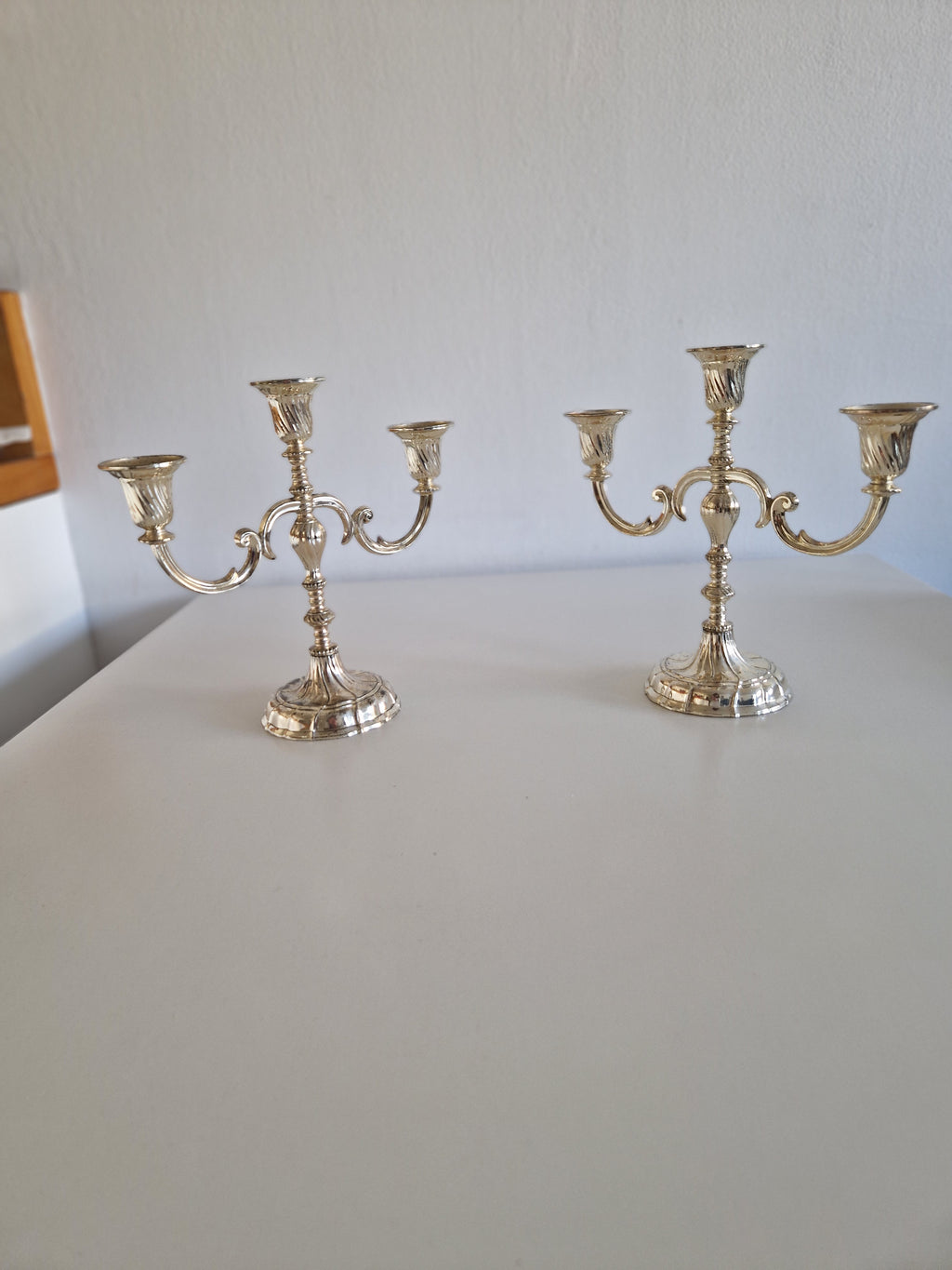 Matched Pair of Vintage Silver-Plated 3-Arm Candelabra – Baroque Style