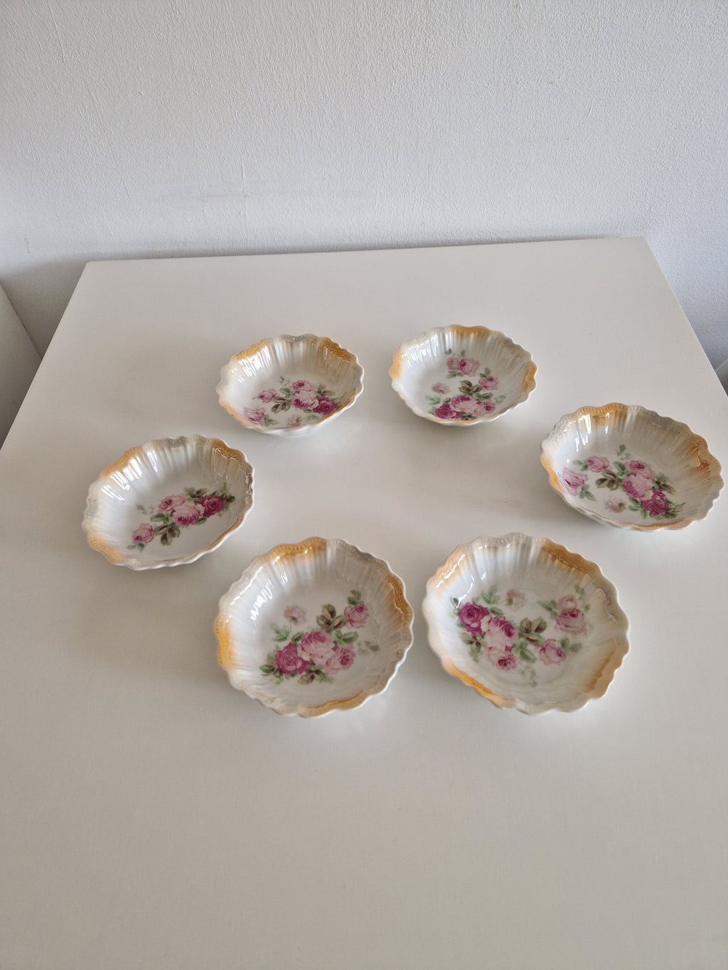 Set of 6 Antique Bohemian Porcelain Bowls – Victoria Austria, Pink Roses