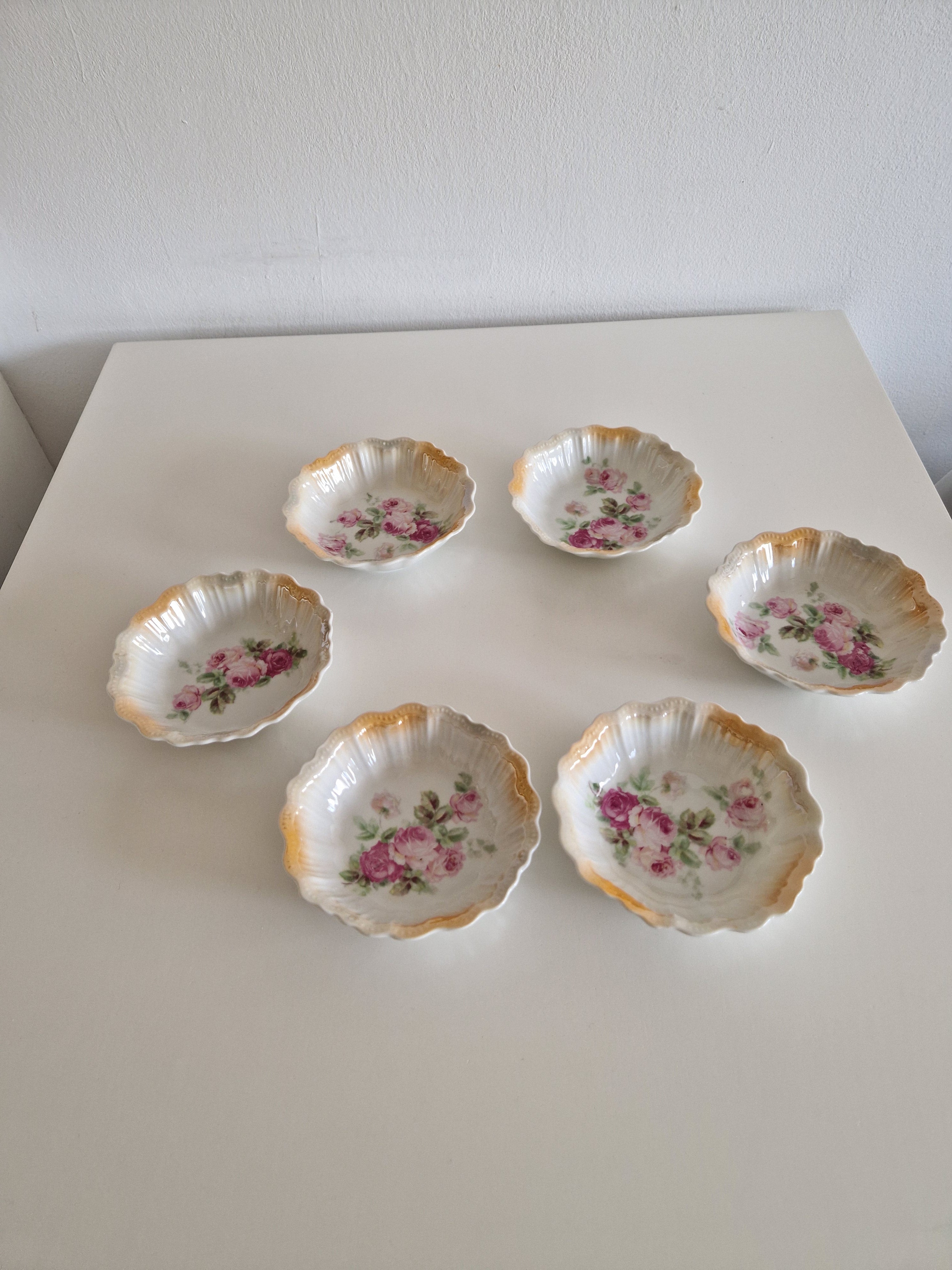 Set of 6 Antique Bohemian Porcelain Bowls – Victoria Austria, Pink Roses