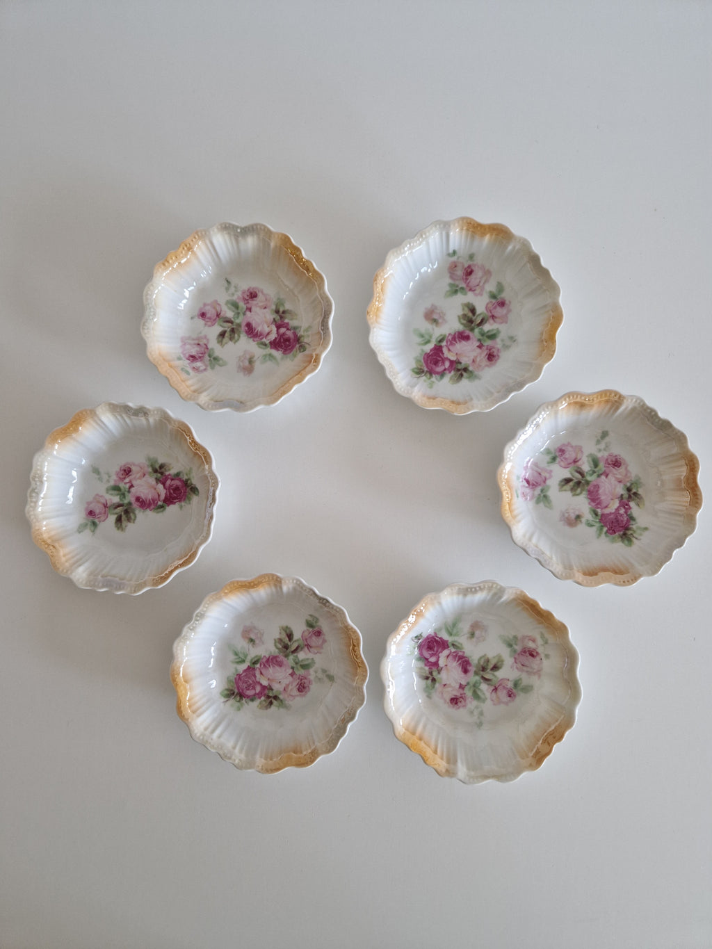 Set of 6 Antique Bohemian Porcelain Bowls – Victoria Austria, Pink Roses