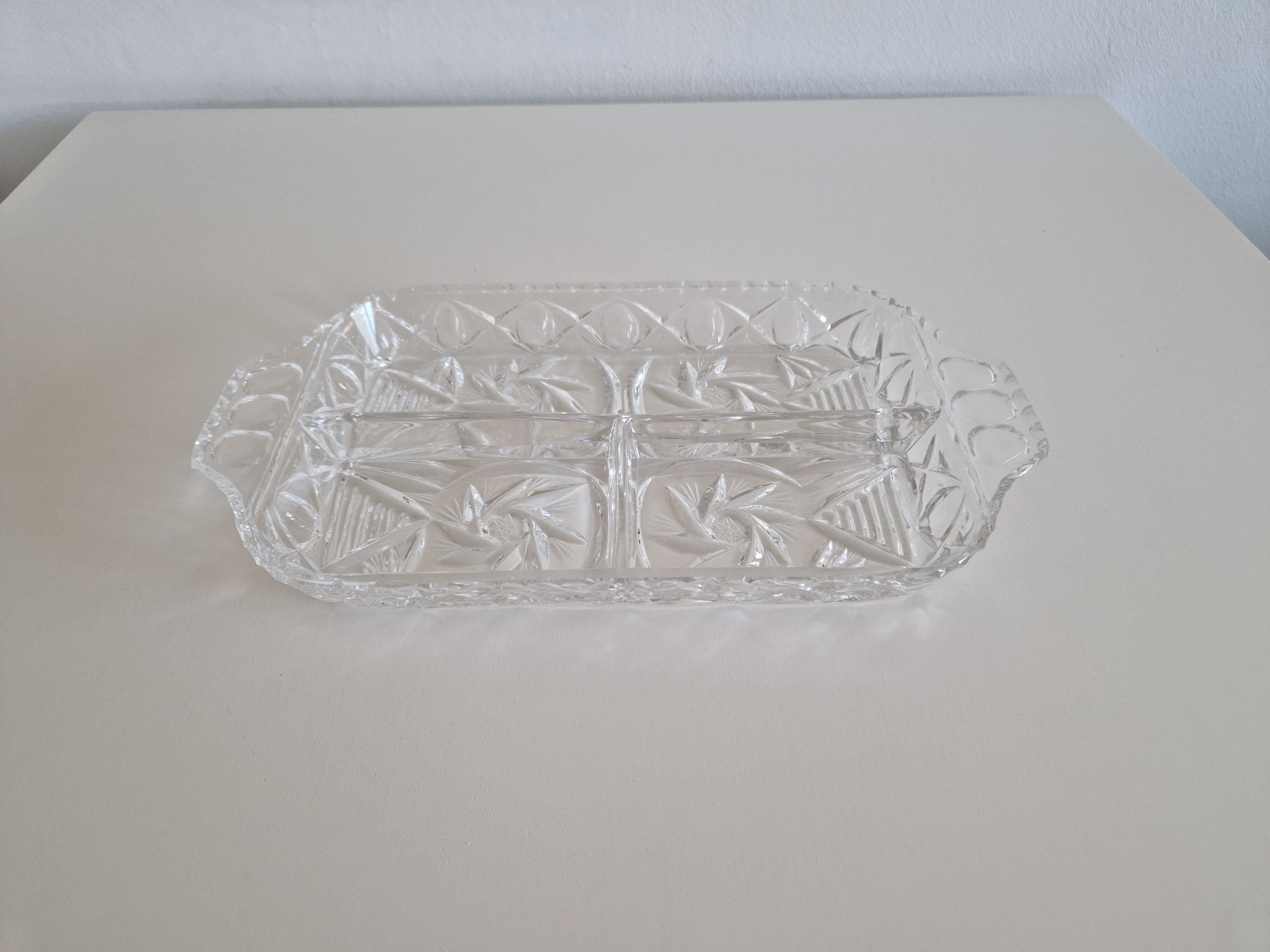Vintage Pressed Glass Rectangular Divided Relish Dish — Pinwheel & Diamond Pattern, Tab Handles