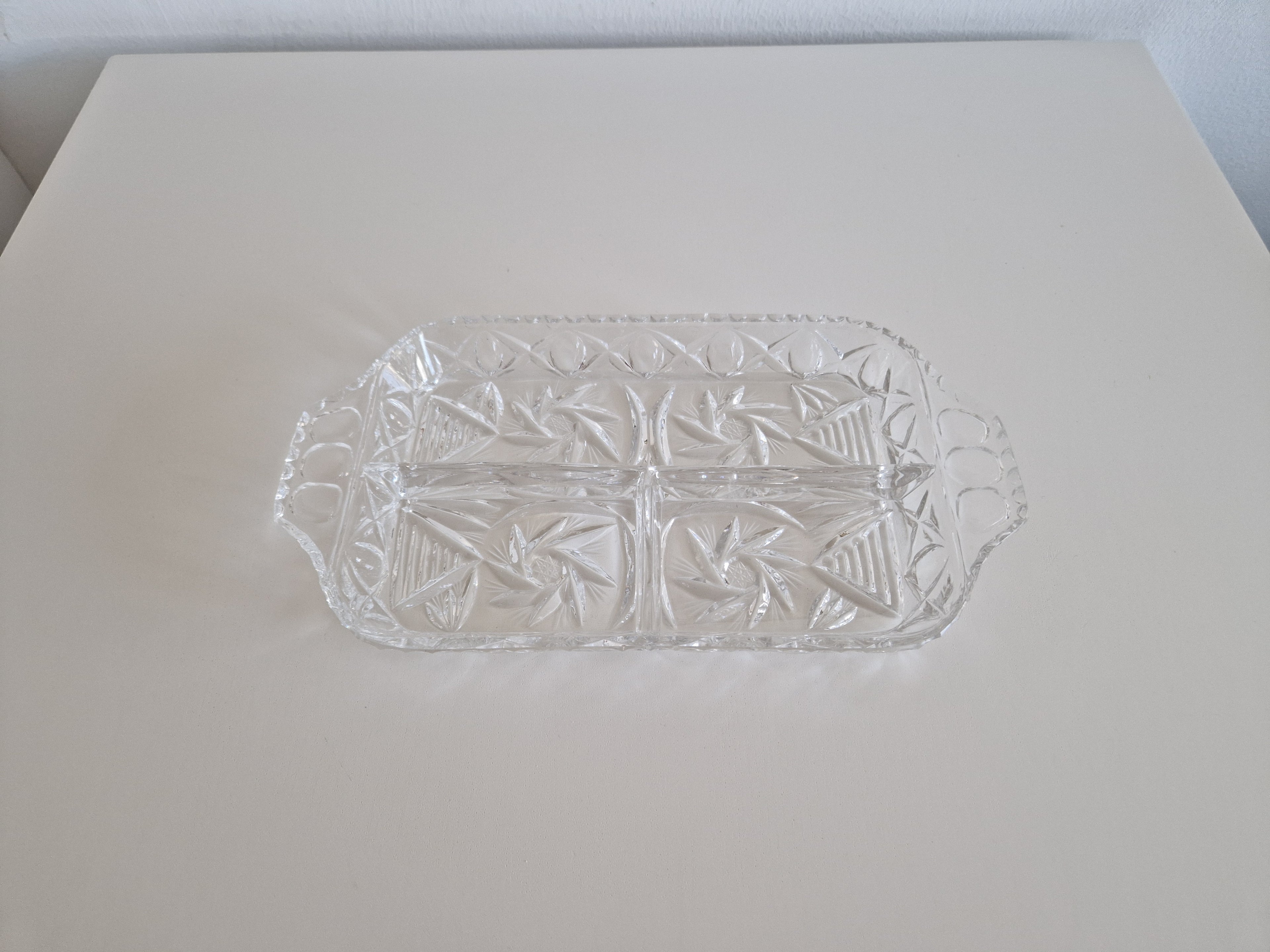 Vintage Pressed Glass Rectangular Divided Relish Dish — Pinwheel & Diamond Pattern, Tab Handles