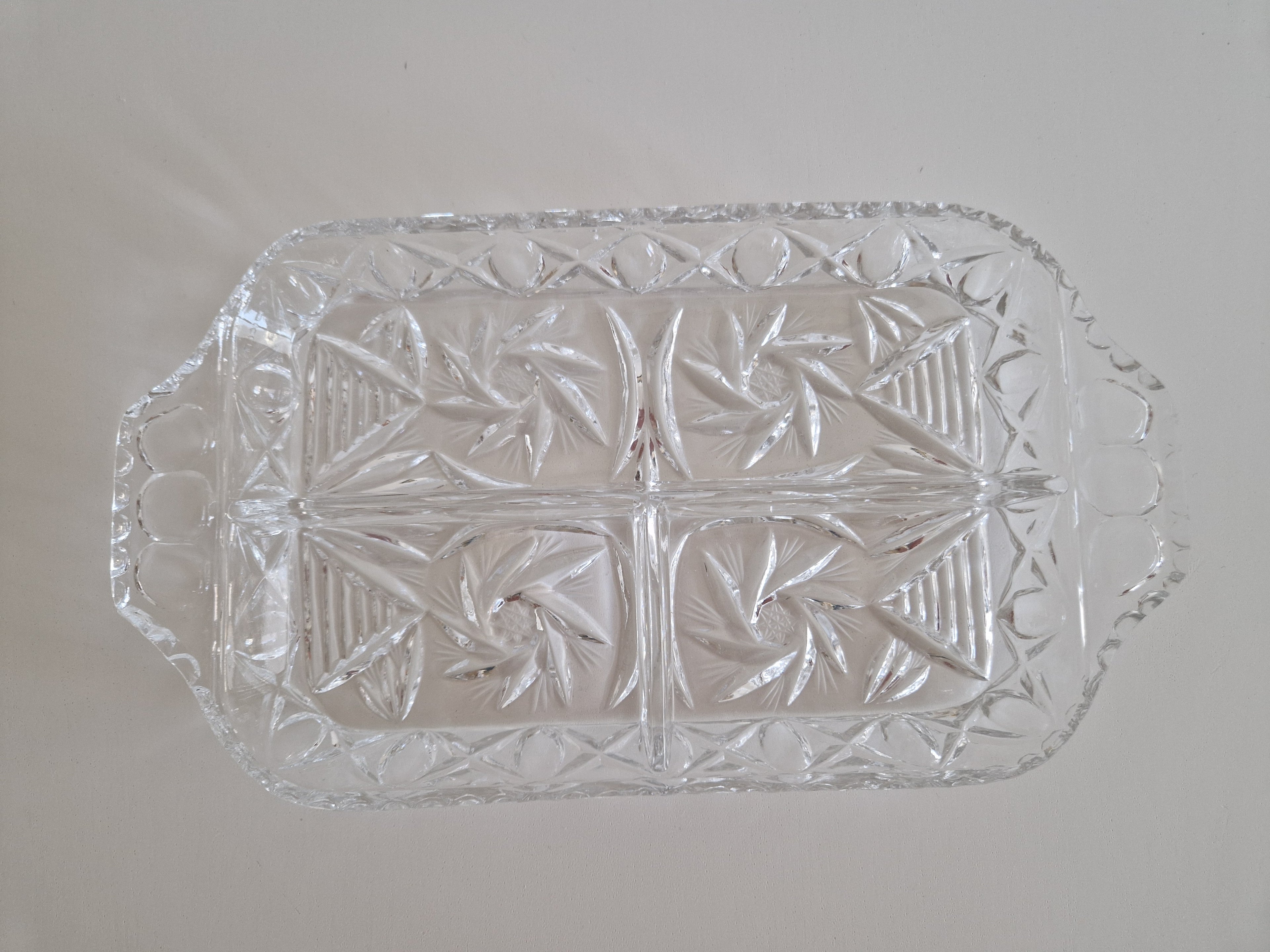 Vintage Pressed Glass Rectangular Divided Relish Dish — Pinwheel & Diamond Pattern, Tab Handles