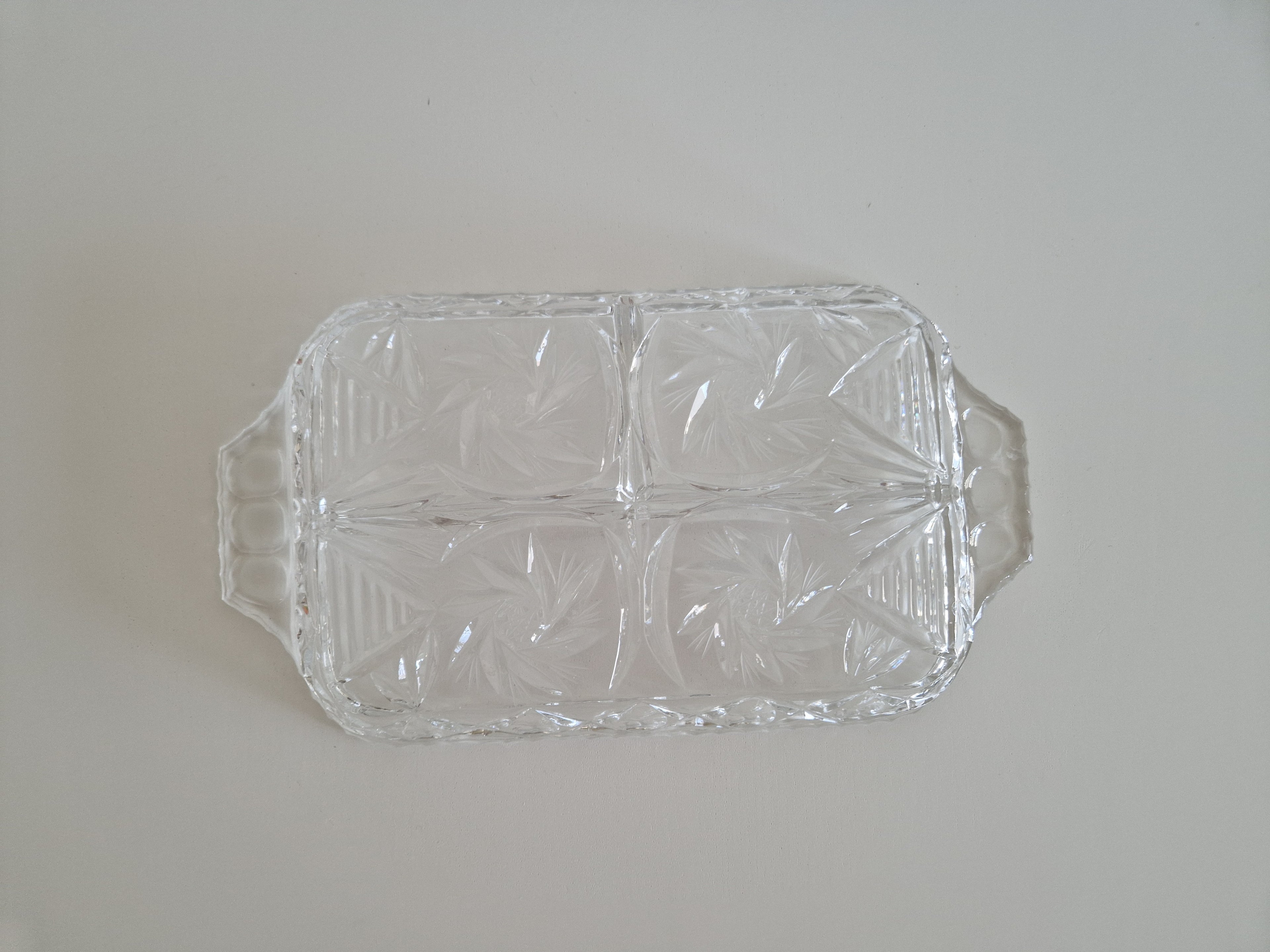 Vintage Pressed Glass Rectangular Divided Relish Dish — Pinwheel & Diamond Pattern, Tab Handles