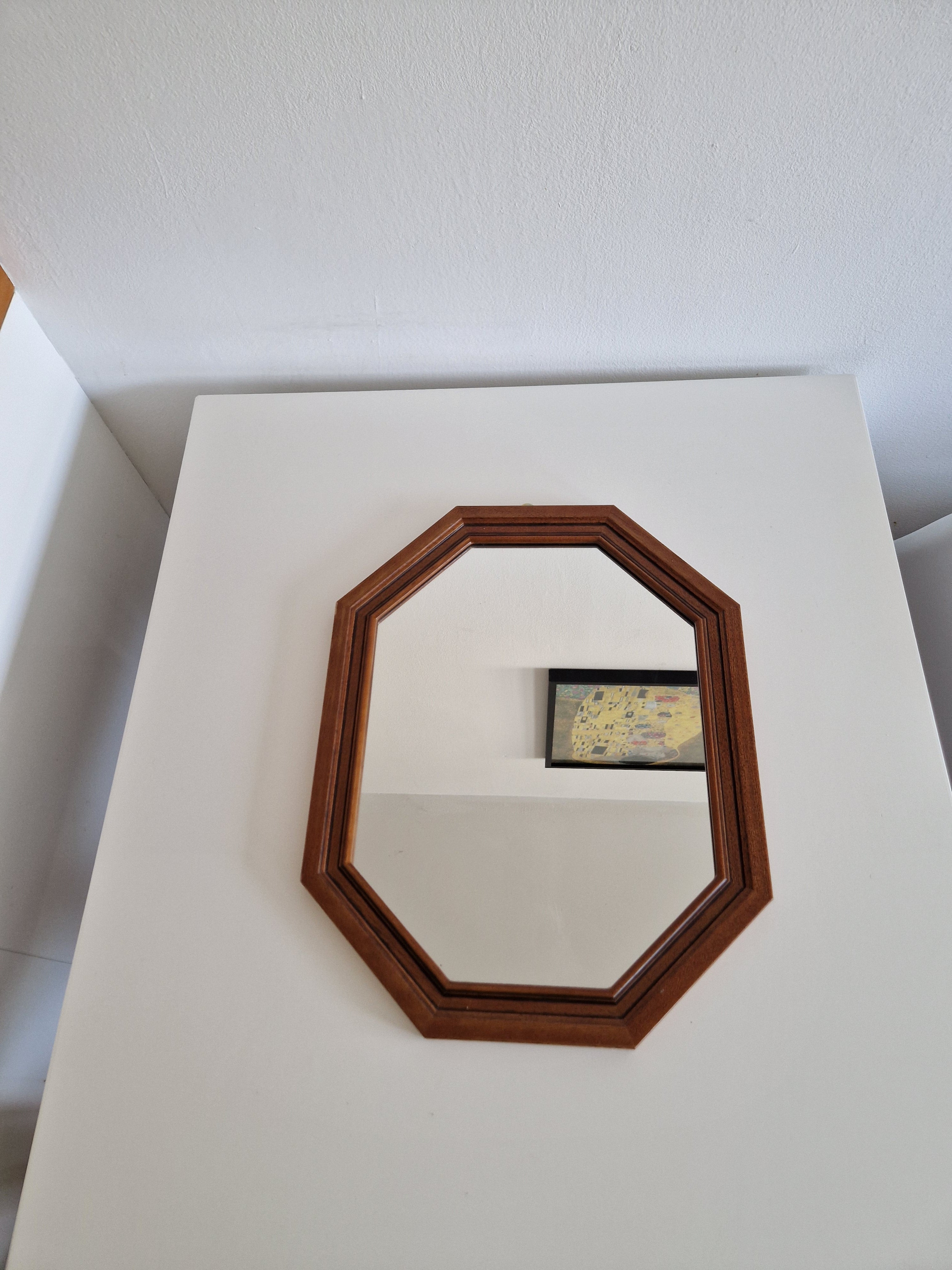 Vintage Octagonal Wall Mirror – Walnut Wood Frame, Double-Stepped Profile