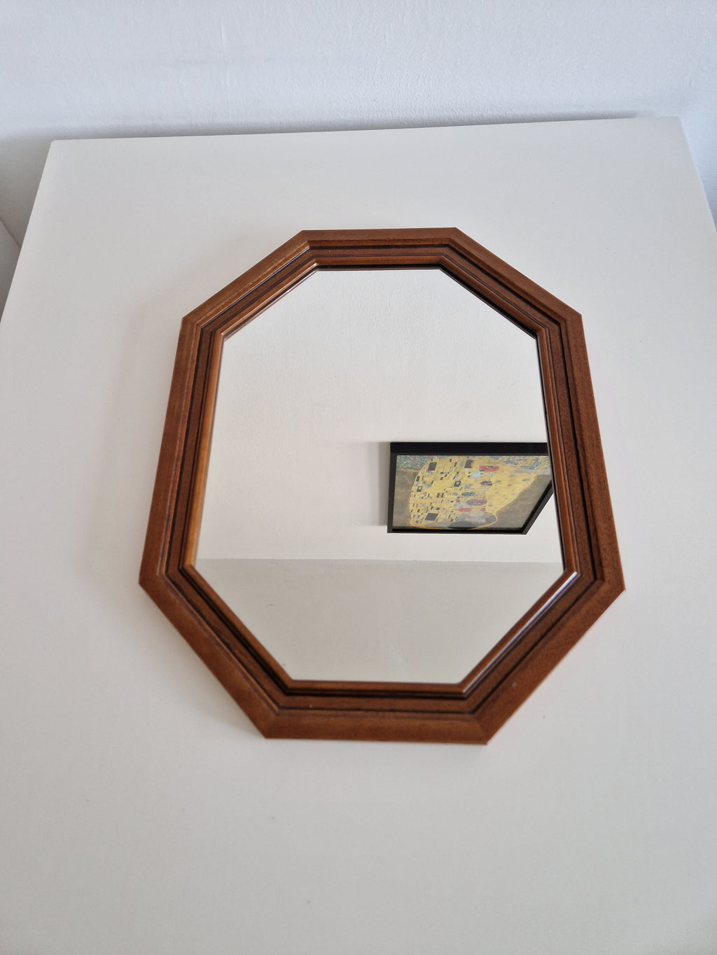 Vintage Octagonal Wall Mirror – Walnut Wood Frame, Double-Stepped Profile