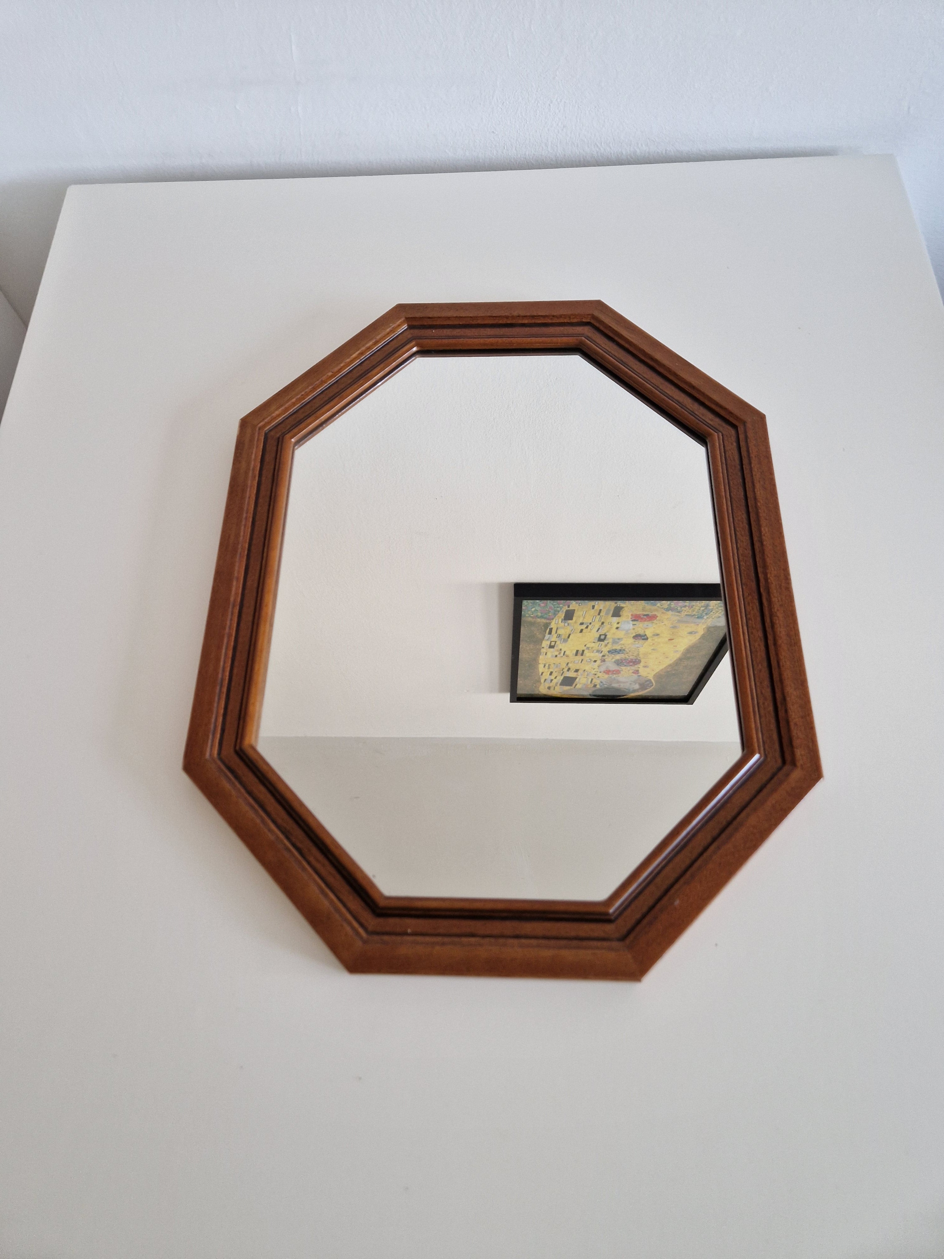 Vintage Octagonal Wall Mirror – Walnut Wood Frame, Double-Stepped Profile