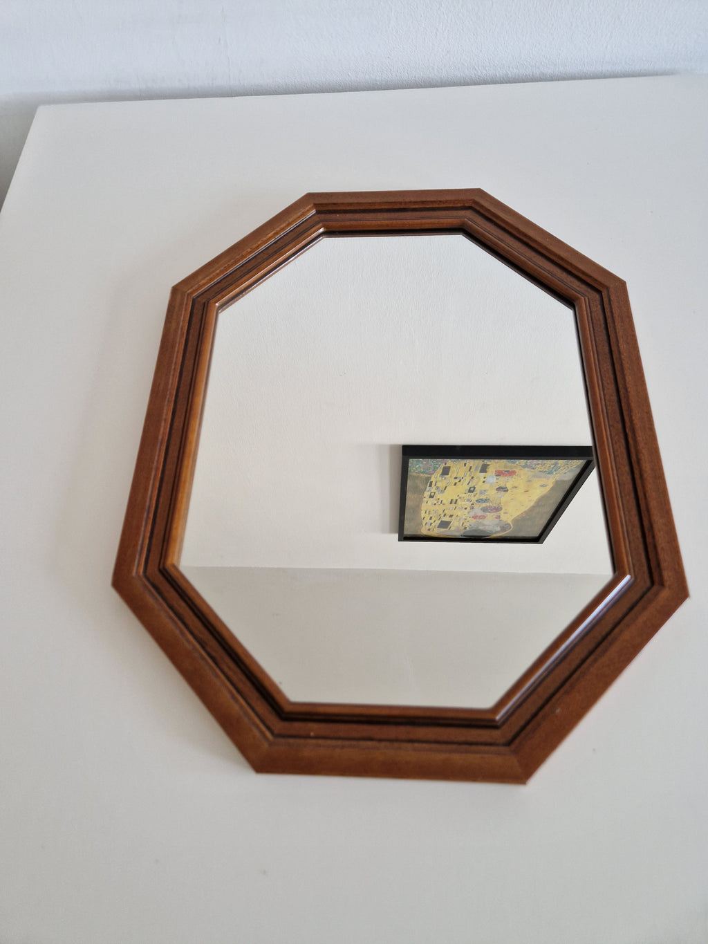 Vintage Octagonal Wall Mirror – Walnut Wood Frame, Double-Stepped Profile