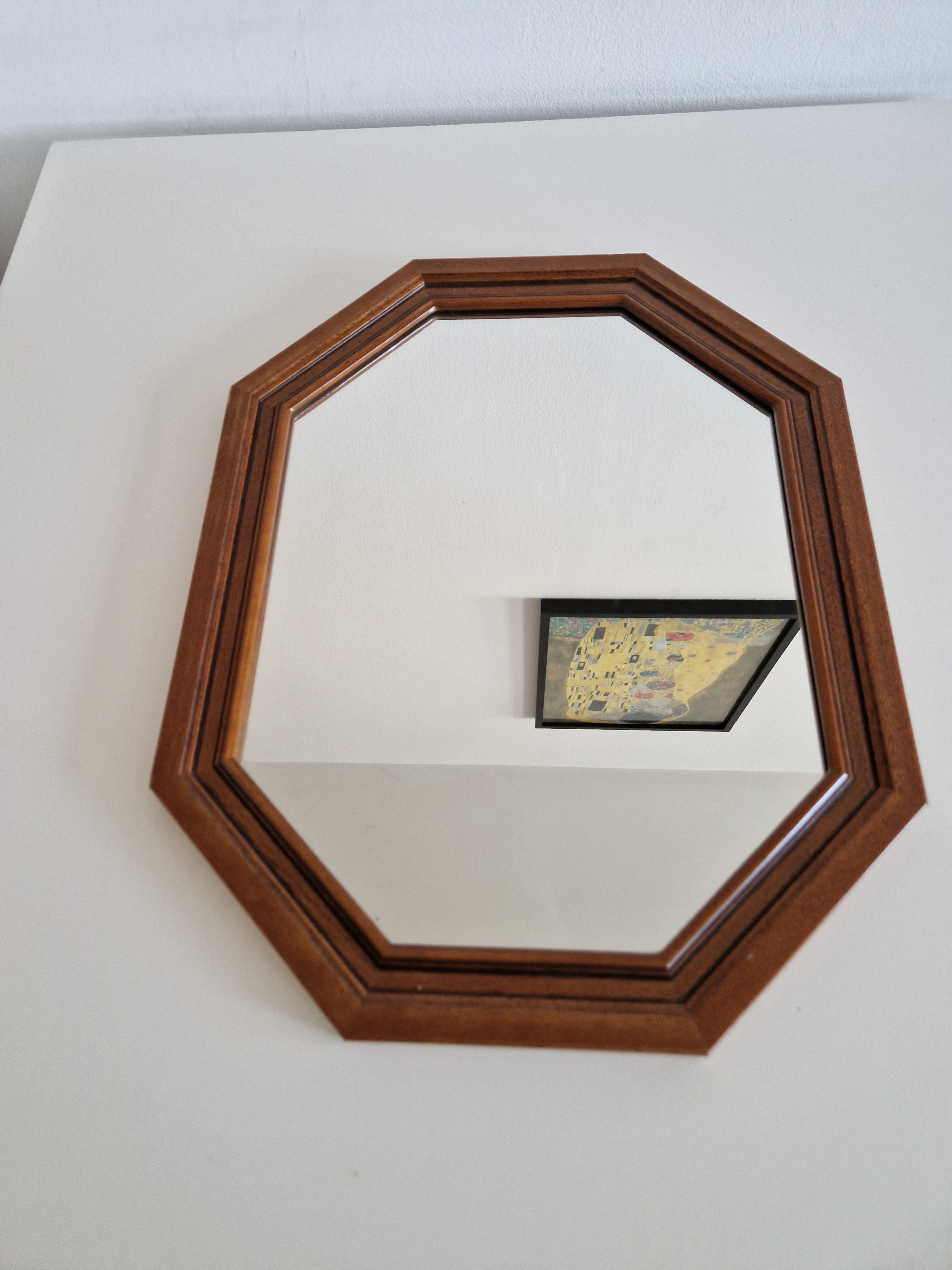 Vintage Octagonal Wall Mirror – Walnut Wood Frame, Double-Stepped Profile