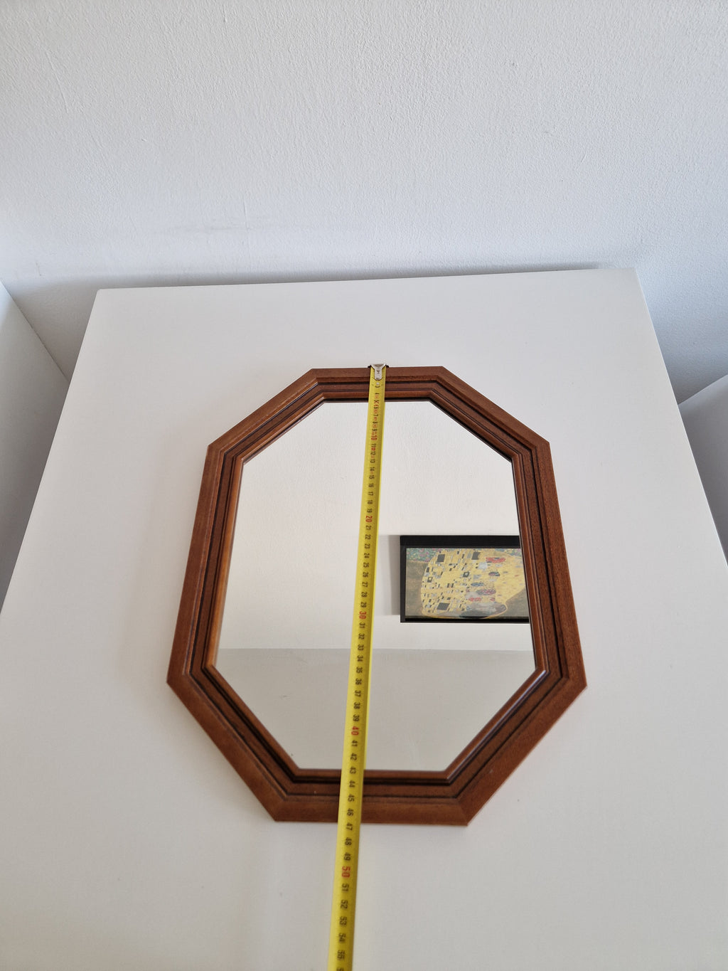 Vintage Octagonal Wall Mirror – Walnut Wood Frame, Double-Stepped Profile