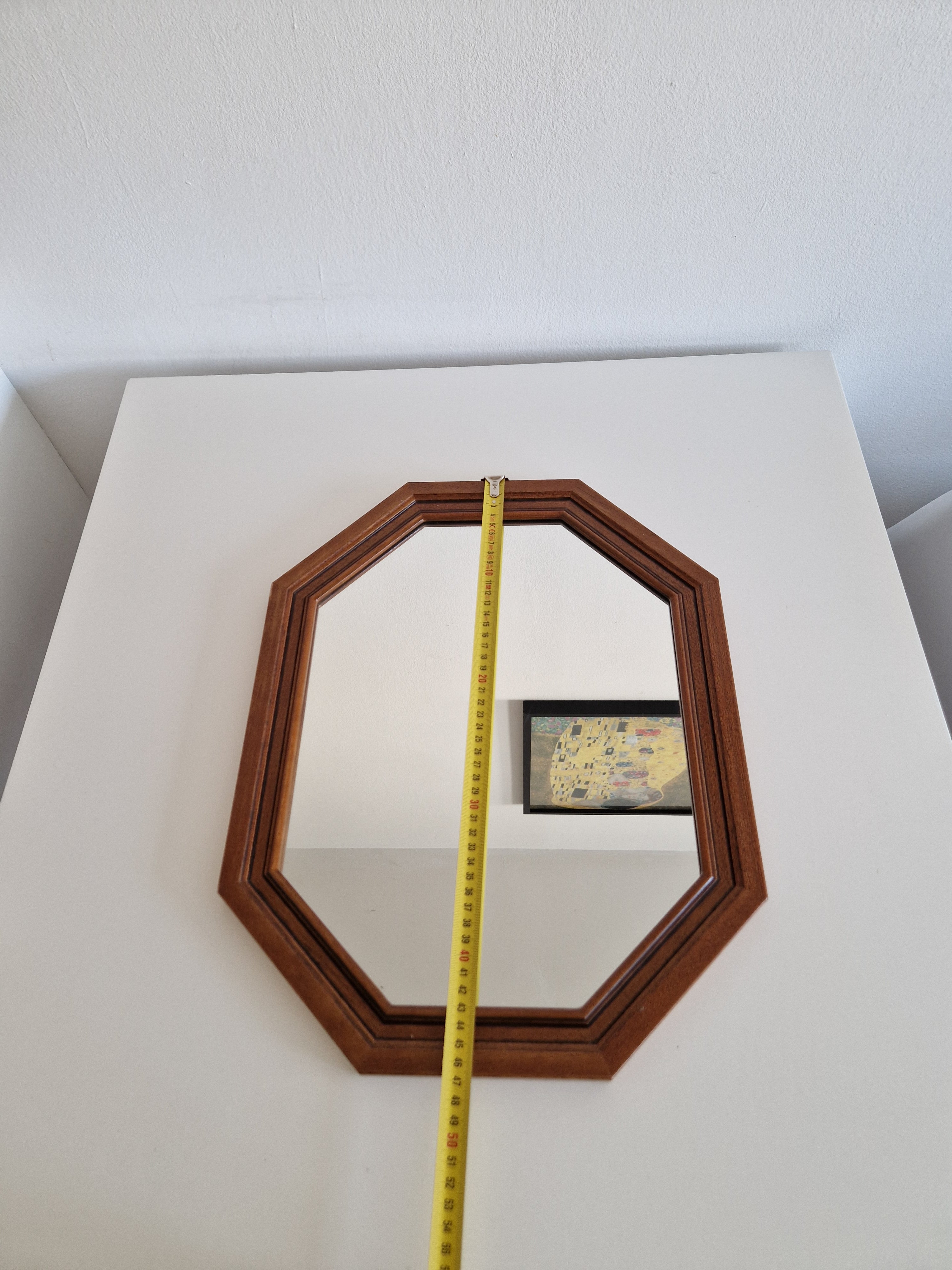 Vintage Octagonal Wall Mirror – Walnut Wood Frame, Double-Stepped Profile
