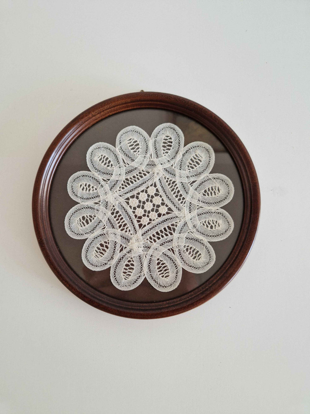 Elegant Antique Bobbin Lace Art - Vintage Framed Floral Doily with Walnut Frame