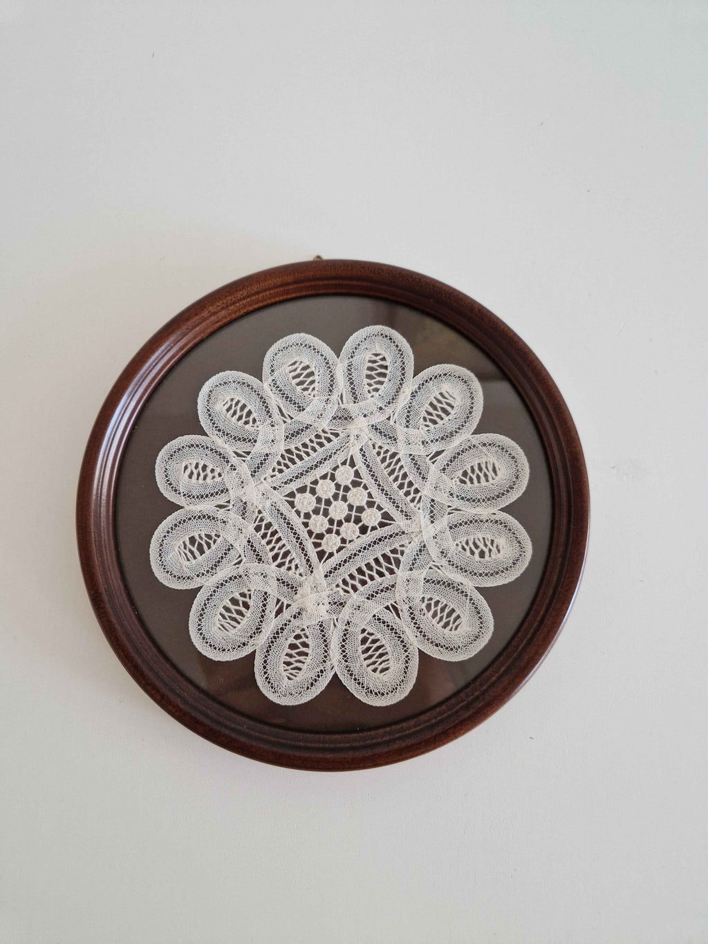 Elegant Antique Bobbin Lace Art - Vintage Framed Floral Doily with Walnut Frame