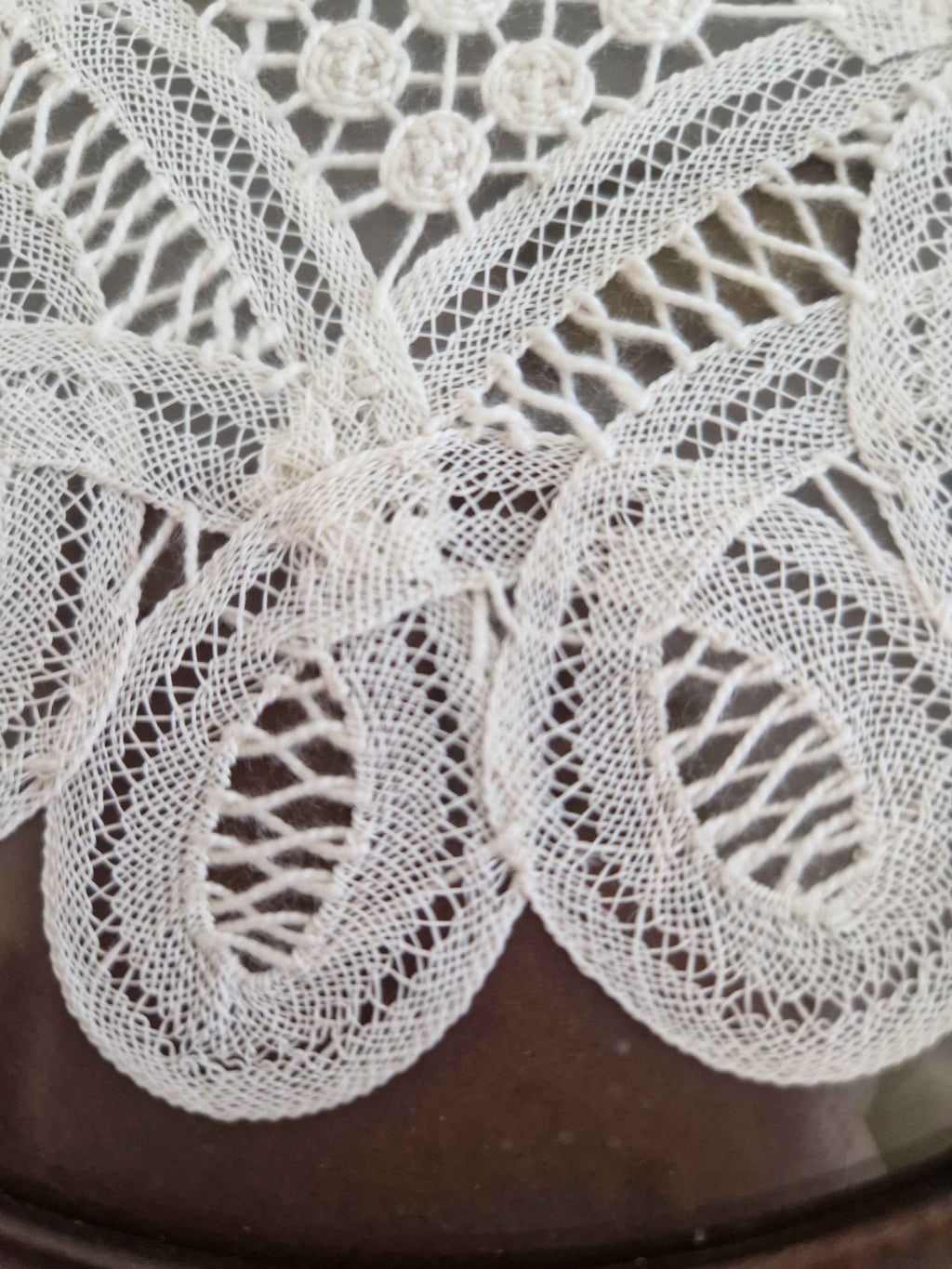 Elegant Antique Bobbin Lace Art - Vintage Framed Floral Doily with Walnut Frame