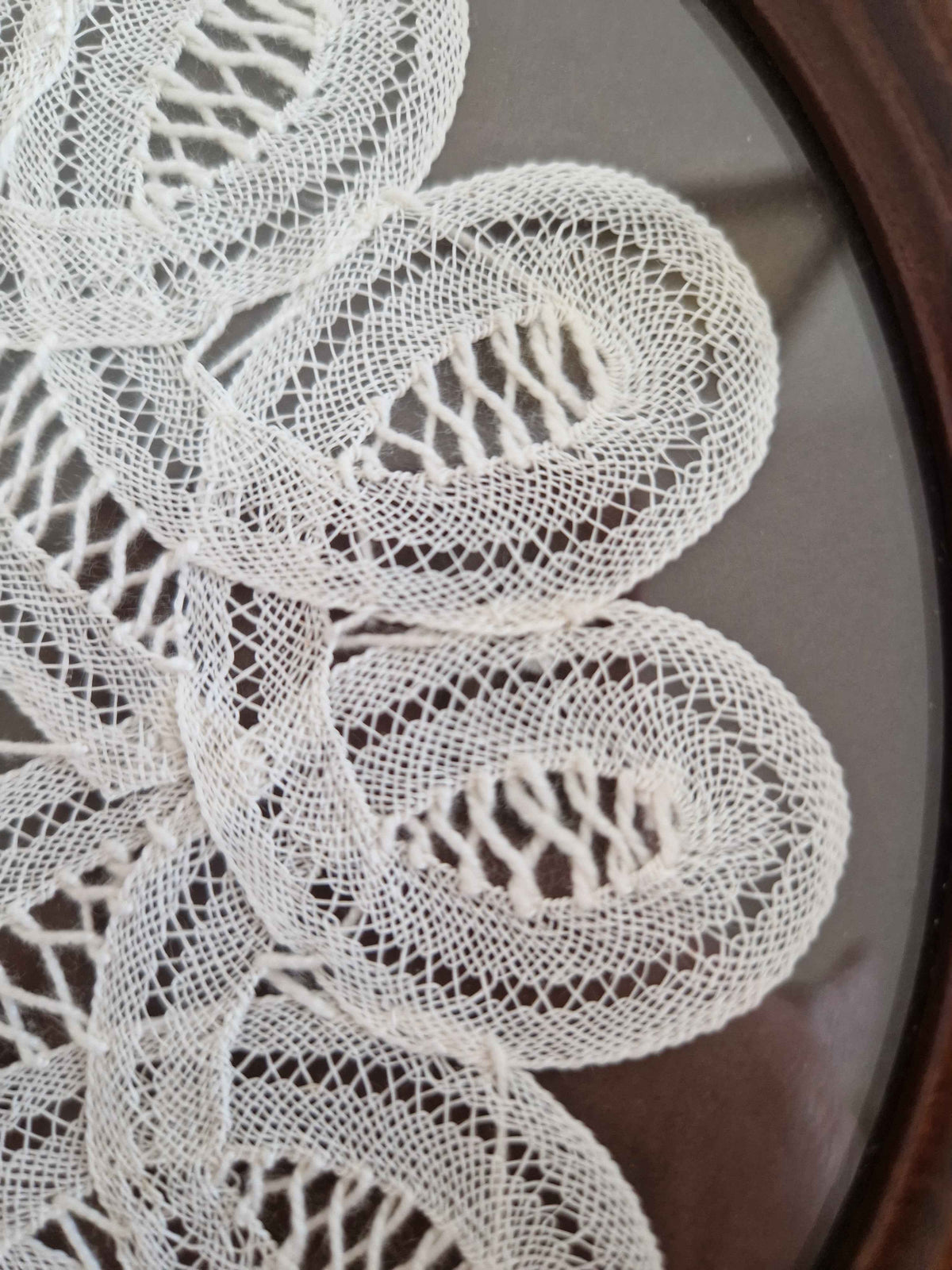 Elegant Antique Bobbin Lace Art - Vintage Framed Floral Doily with Walnut Frame