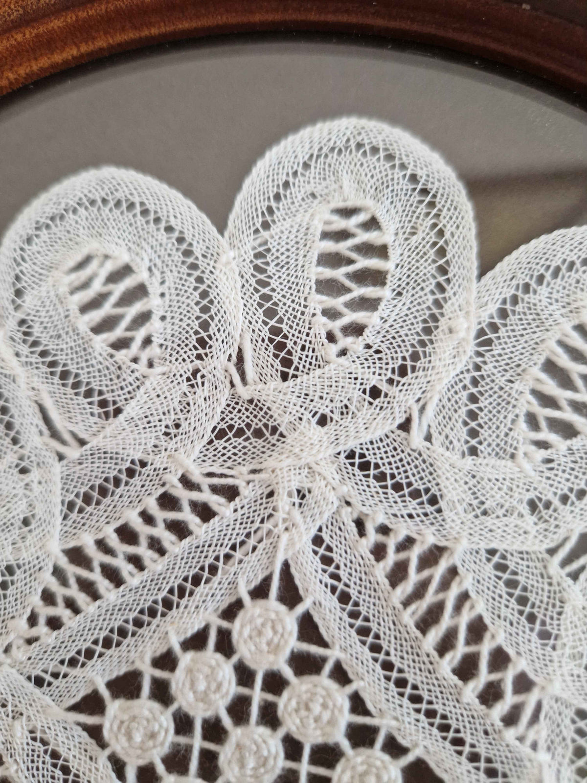 Elegant Antique Bobbin Lace Art - Vintage Framed Floral Doily with Walnut Frame