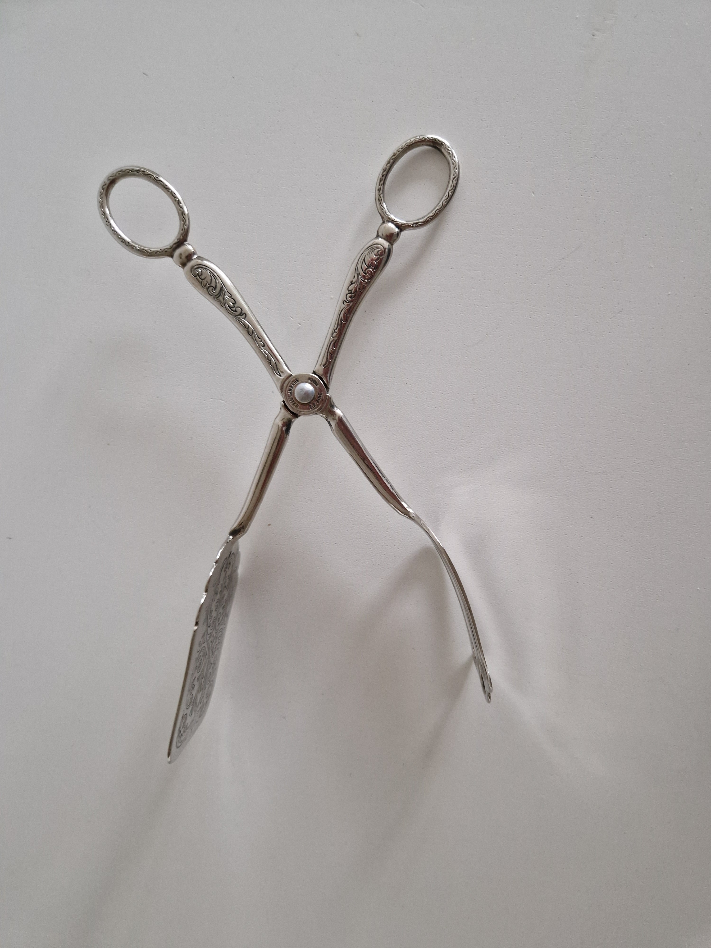 Pince à pâtisserie et gâteau italienne plaquée argent – Lame gravée acanthe rococo | Action ciseaux avec anneaux de doigt | E.P. Silverplated Italy | 20 cm