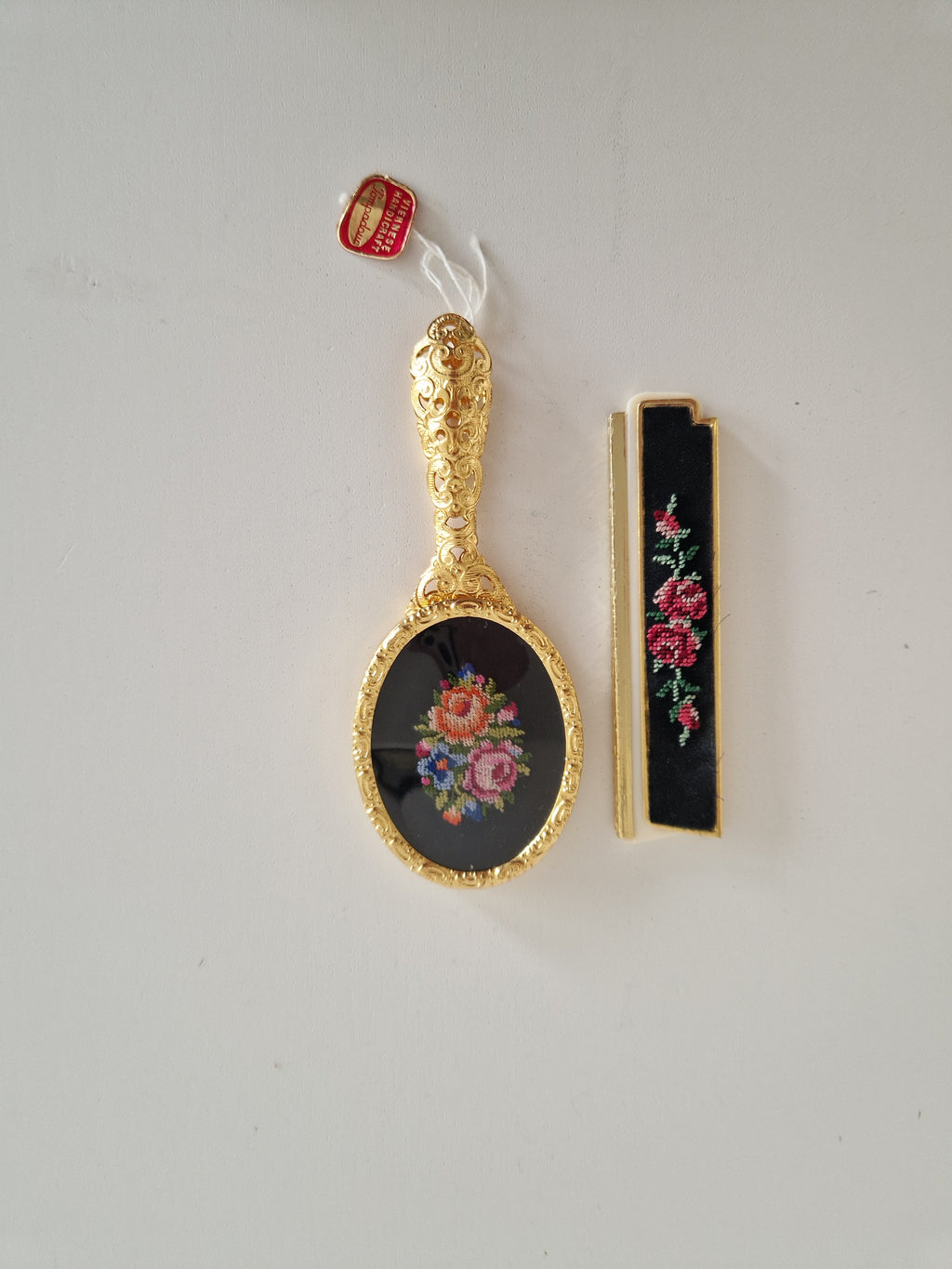 Pompadour Viennese Handicraft Petit Point Vanity Set | Hand Mirror & Comb | Original Box