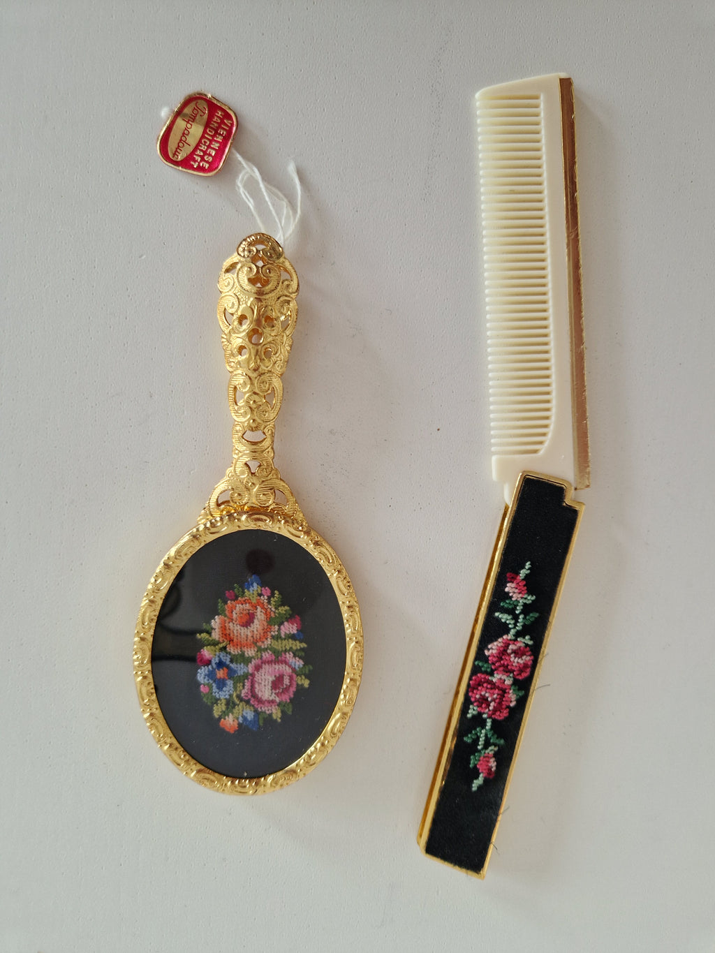 Pompadour Viennese Handicraft Petit Point Vanity Set | Hand Mirror & Comb | Original Box