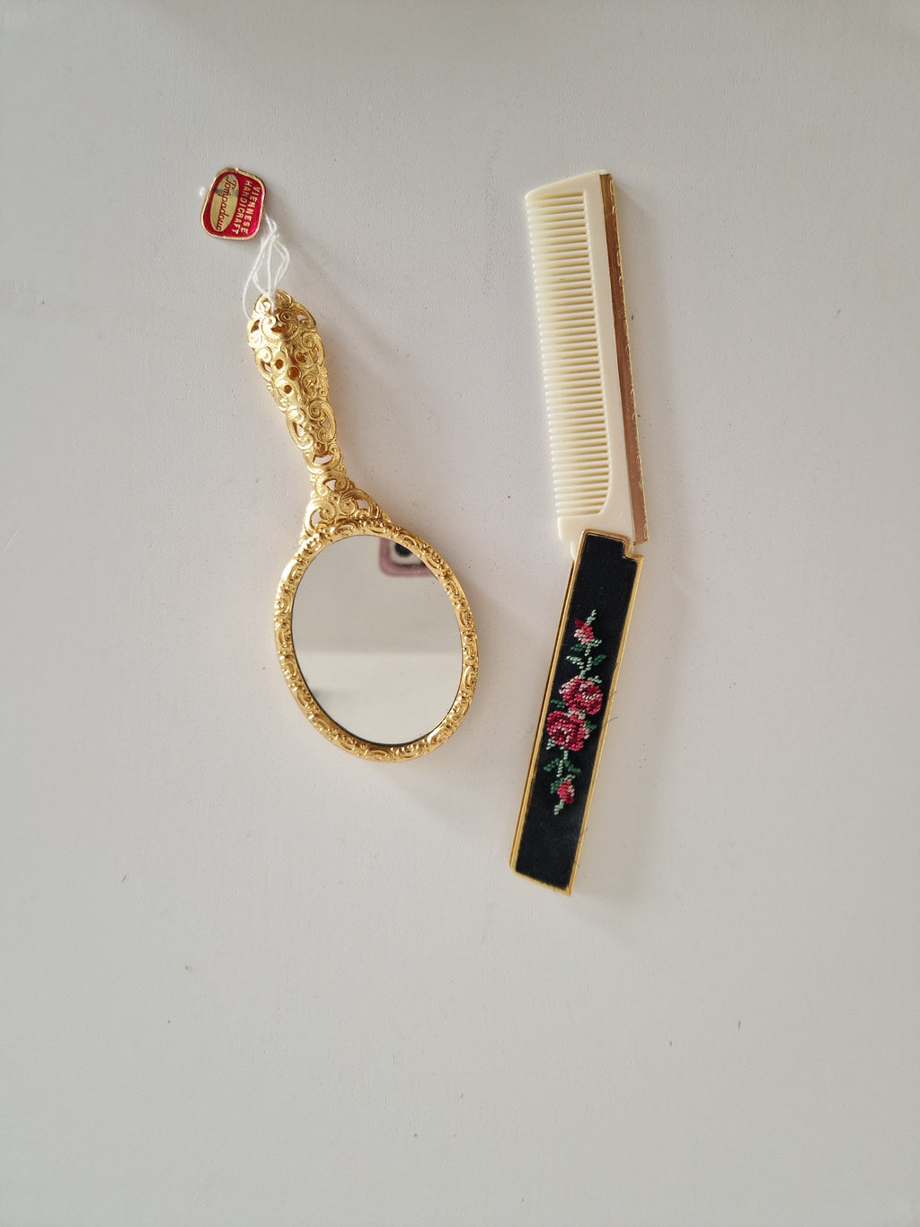 Pompadour Viennese Handicraft Petit Point Vanity Set | Hand Mirror & Comb | Original Box