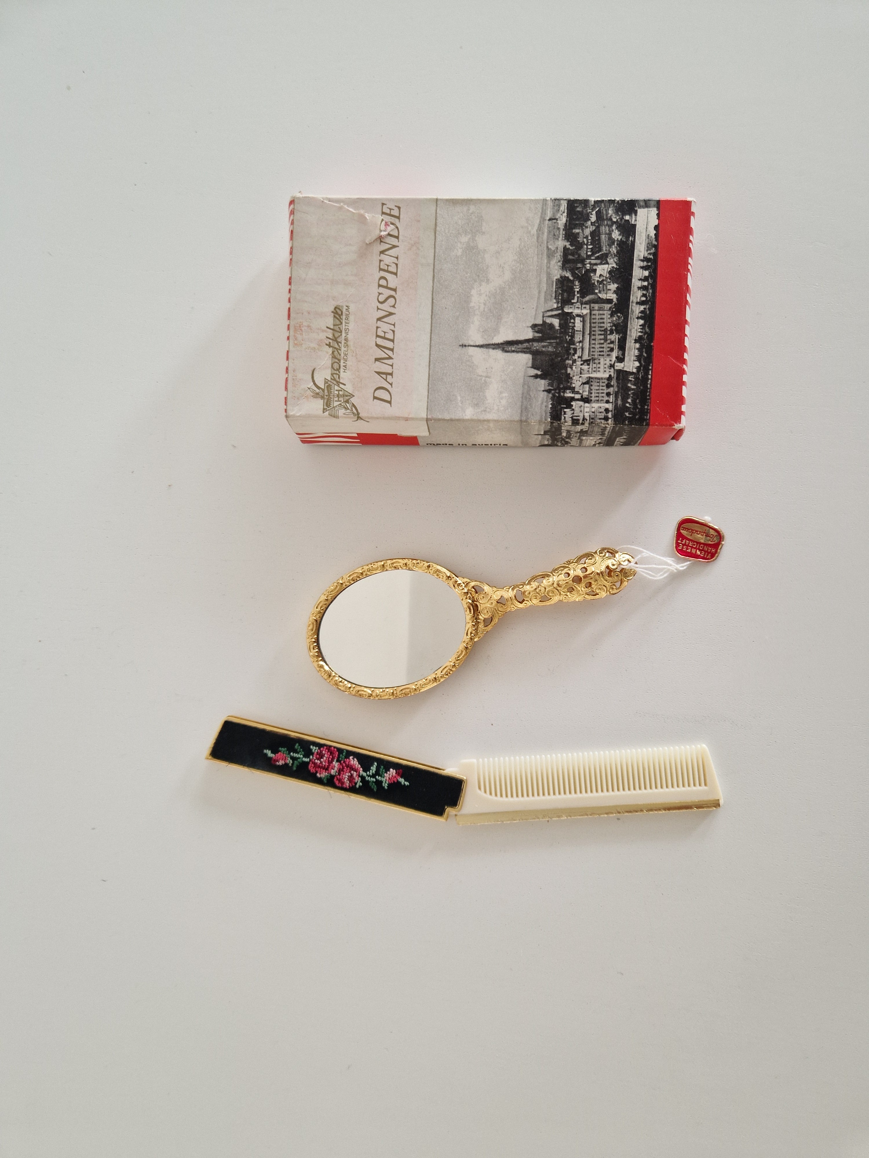 Pompadour Viennese Handicraft Petit Point Vanity Set | Hand Mirror & Comb | Original Box