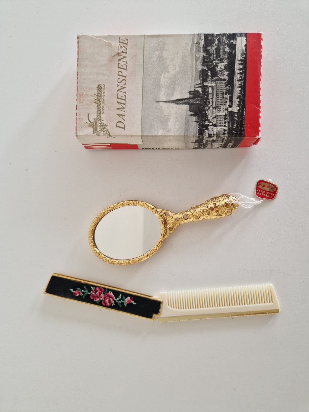 Pompadour Viennese Handicraft Petit Point Vanity Set | Hand Mirror & Comb | Original Box