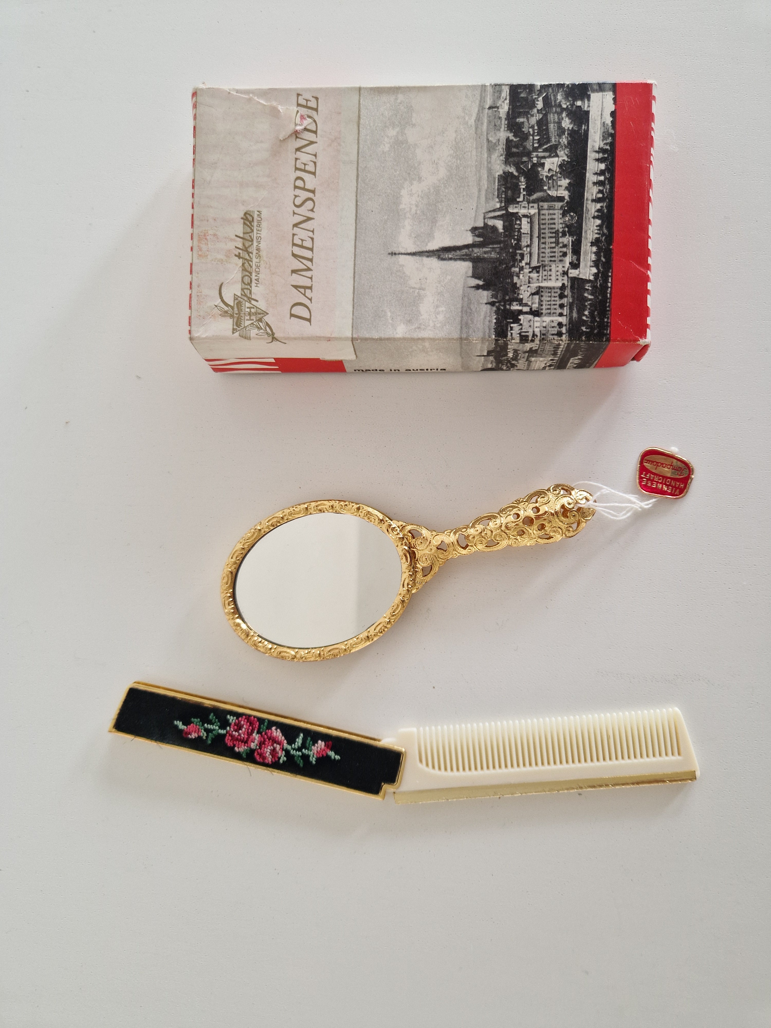 Pompadour Viennese Handicraft Petit Point Vanity Set | Hand Mirror & Comb | Original Box
