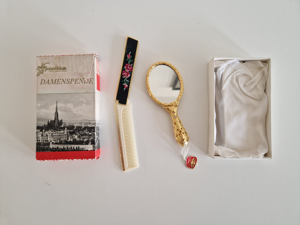 Pompadour Viennese Handicraft Petit Point Vanity Set | Hand Mirror & Comb | Original Box