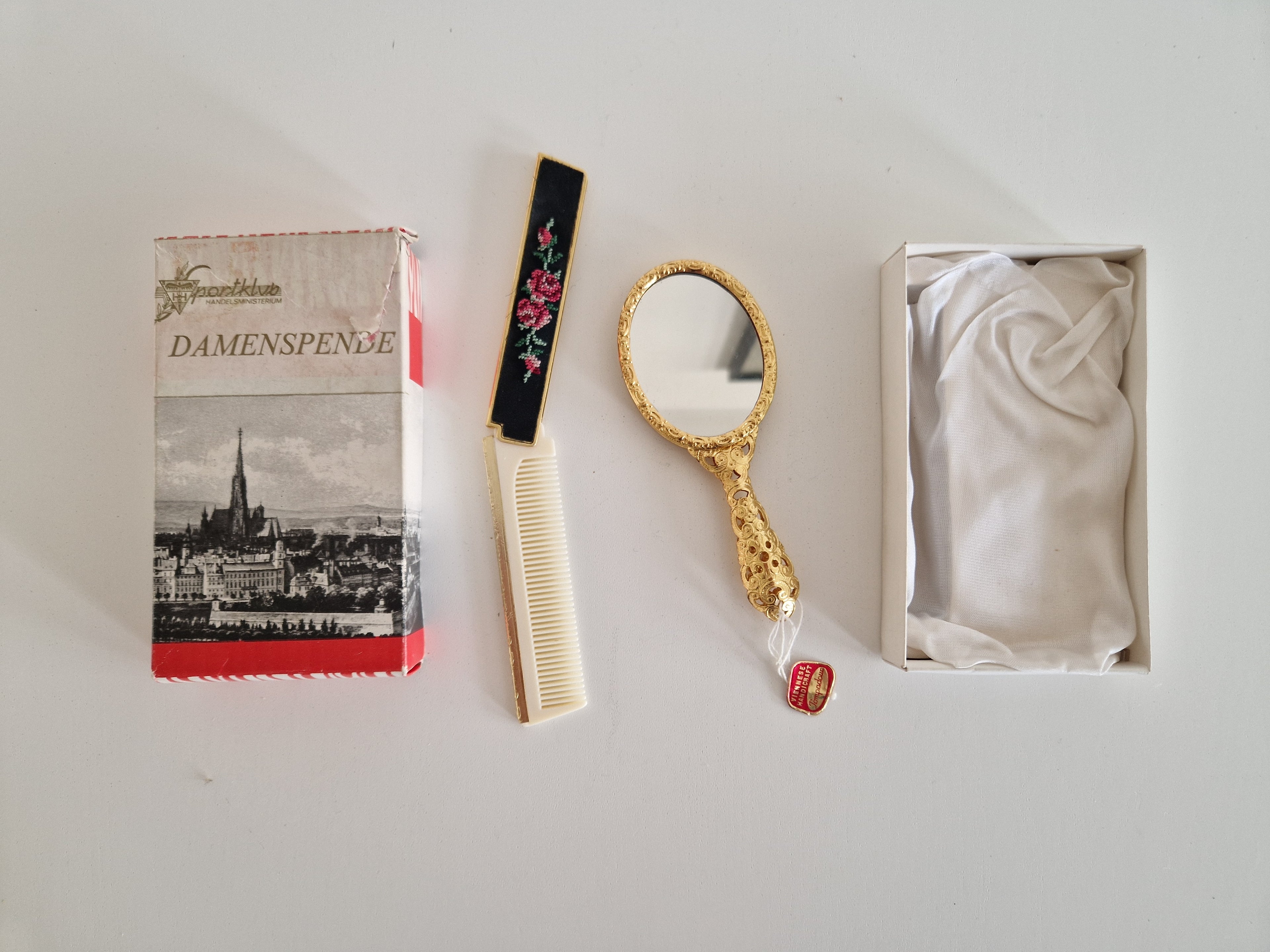Pompadour Viennese Handicraft Petit Point Vanity Set | Hand Mirror & Comb | Original Box