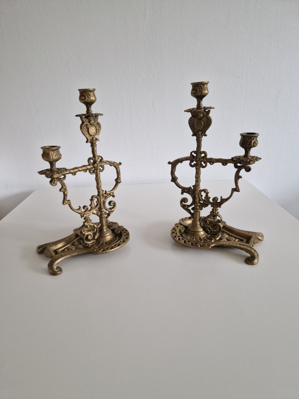 Matched Pair of Antique Brass 2-Arm Candelabra – Baroque Rococo, Barley-Twist Stem