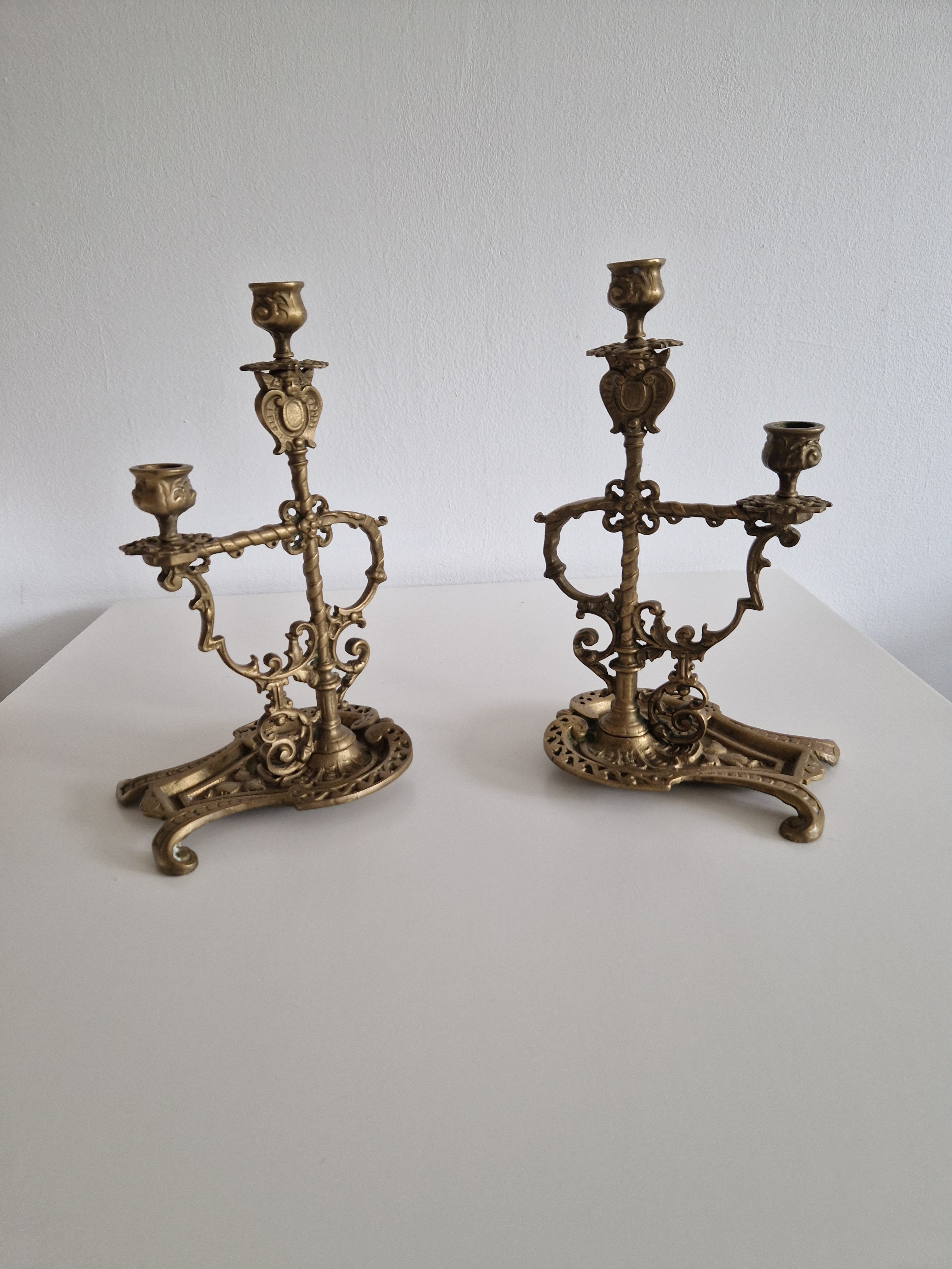 Matched Pair of Antique Brass 2-Arm Candelabra – Baroque Rococo, Barley-Twist Stem