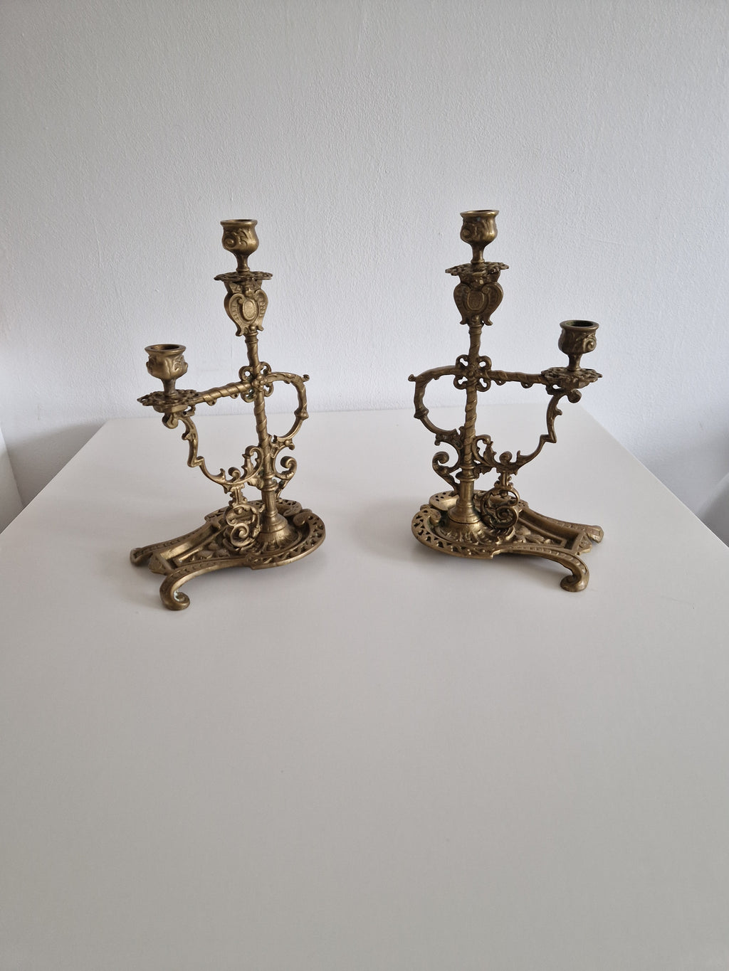 Matched Pair of Antique Brass 2-Arm Candelabra – Baroque Rococo, Barley-Twist Stem